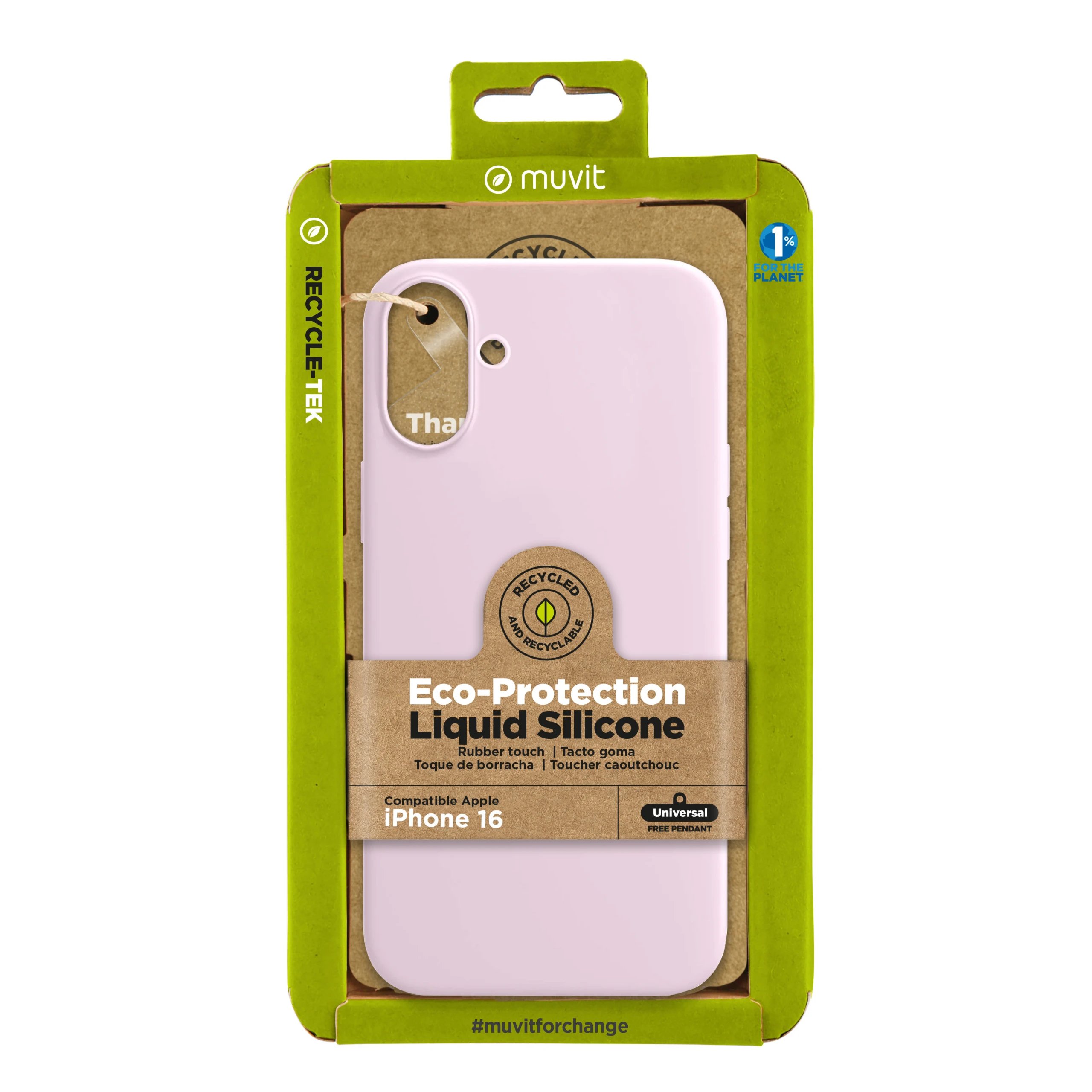 Muvit - Funda para iPhone 16 de silicona líquida Recycletek, suave y resistente a golpes, color rosa, modelo MCBKC0310