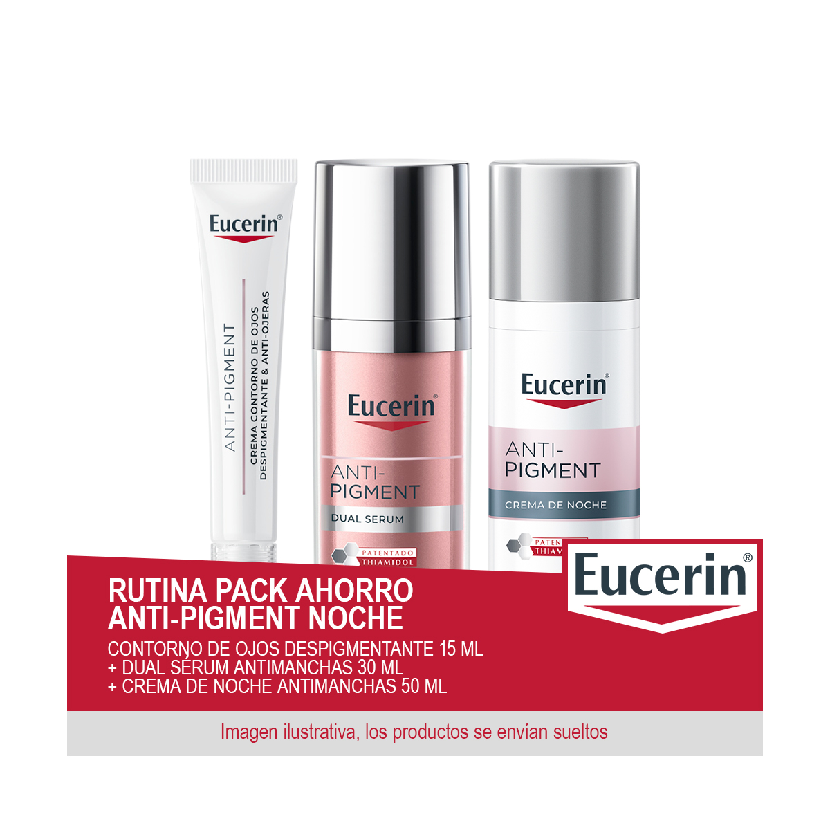 EUCERIN Rutina Pack Ahorro Anti-Pigment Noche - Contiene Contorno de Ojos Despigmentante 15 ml + Dual Sérum Antimanchas 30 ml + Crema de Noche Antimanchas 50 ml