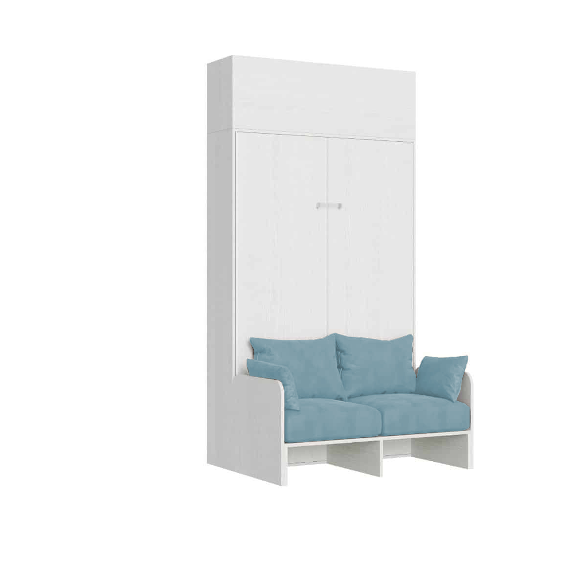 Cama plegable Kentaro de 120 cm tamaño queen con sofá y mueble de pared de fresno blanco, azul claro - Itamoby