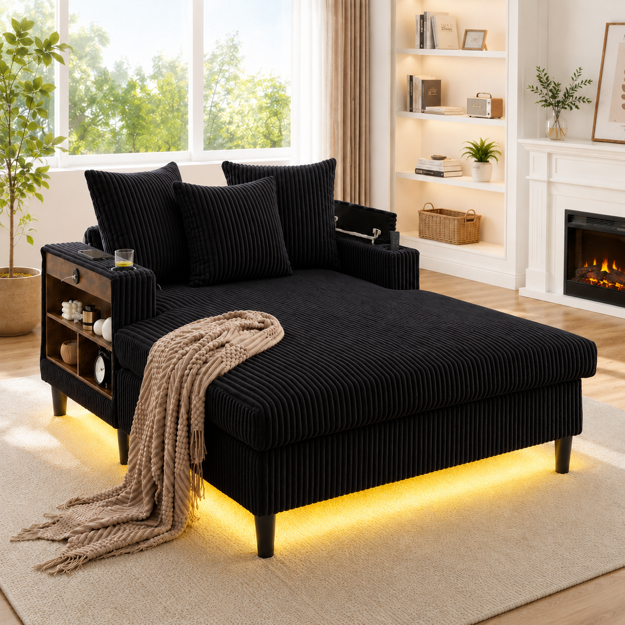 Chaise longue noire en velours côtelé avec LED, rangements et porte-gobelets