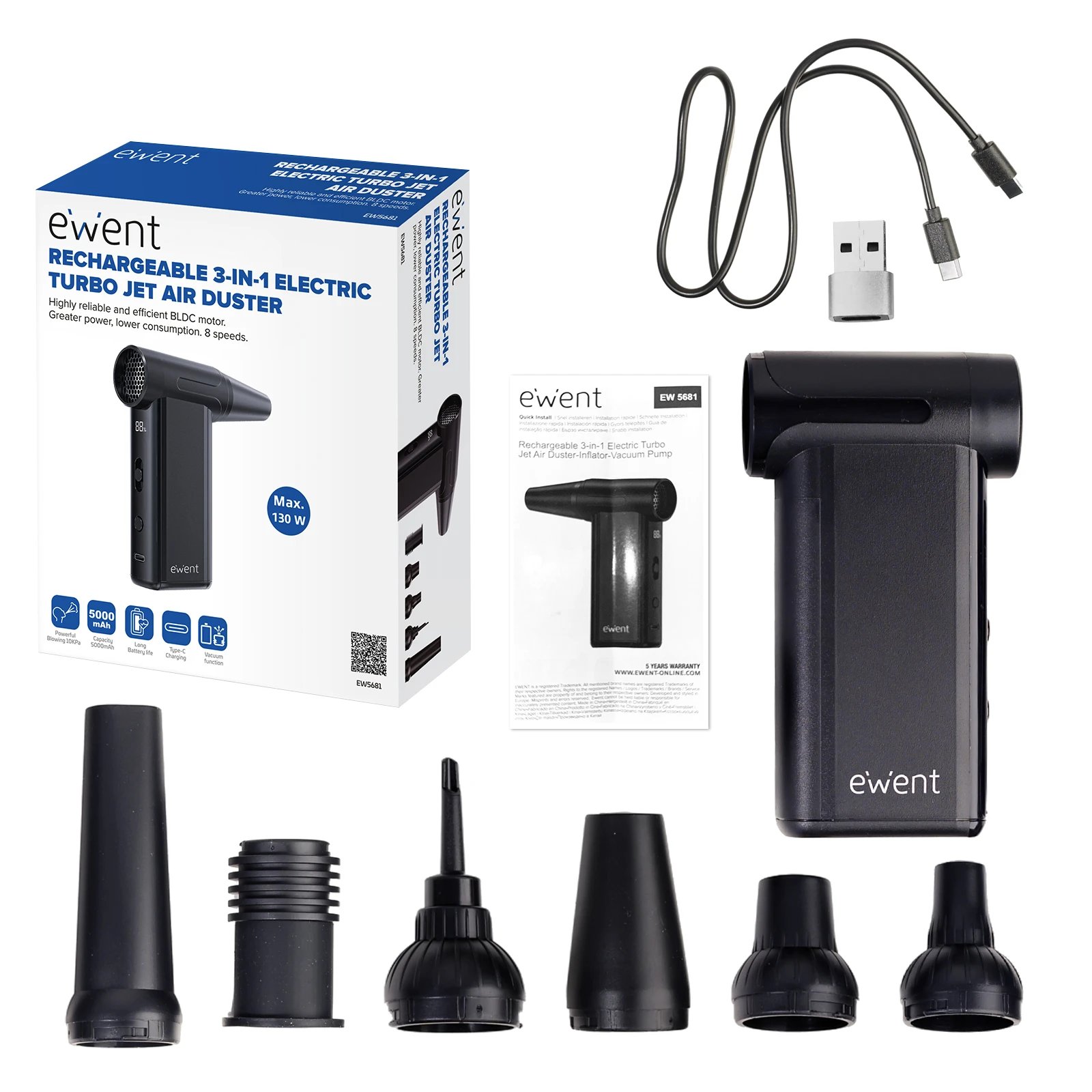 Ewent - Aspirador portátil sin cable VC125341187 para hogar, coche y oficina con succión de 90 mbar, batería de 18V y filtro de espuma, negro