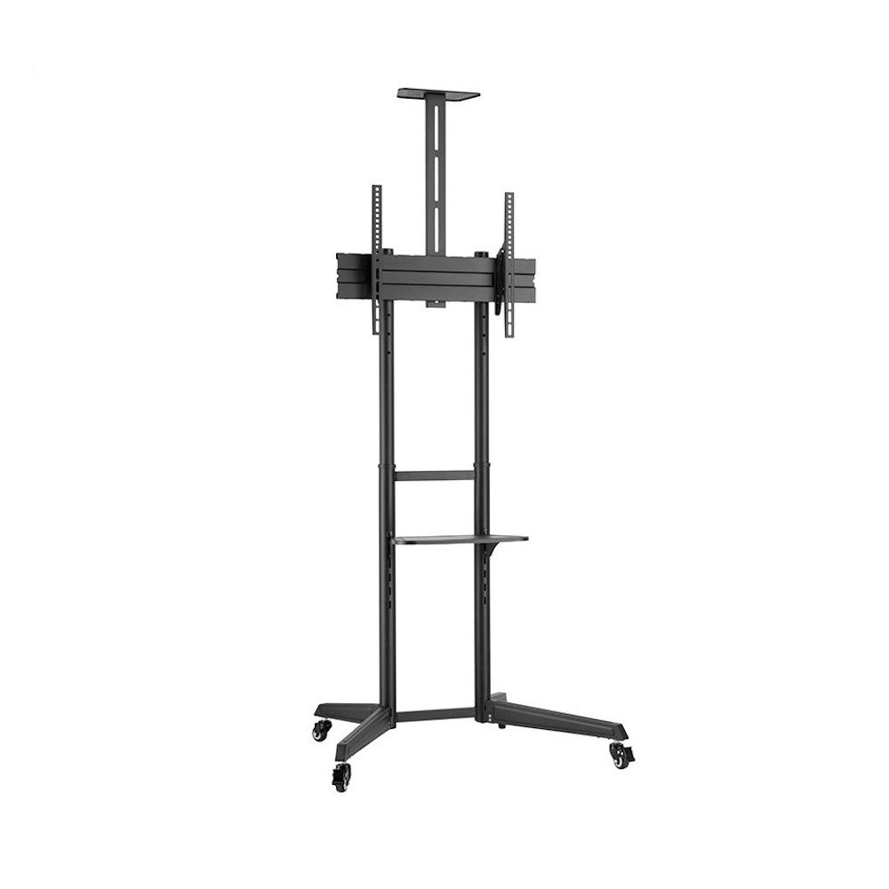 Ewent - Soporte de suelo EW1539 para televisor o monitor de 37 a 70 pulgadas, con ajuste de altura y inclinación sin herramientas, estantes integrados y ruedas bloqueables, color negro