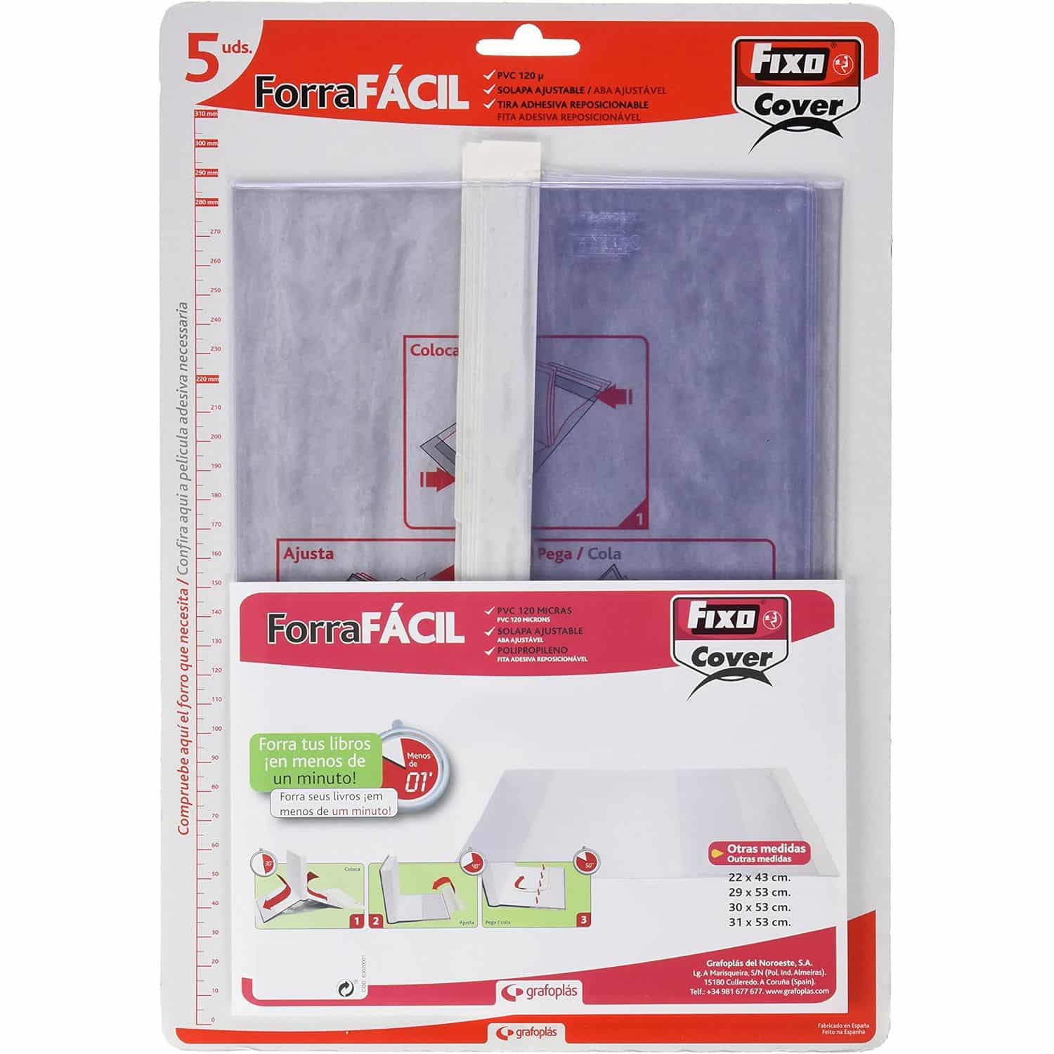 Fixo Cover 1009700 - Pack de 5 Forros para Libros, Ajustables, Transparente, 30 x 53 cm, 120µ