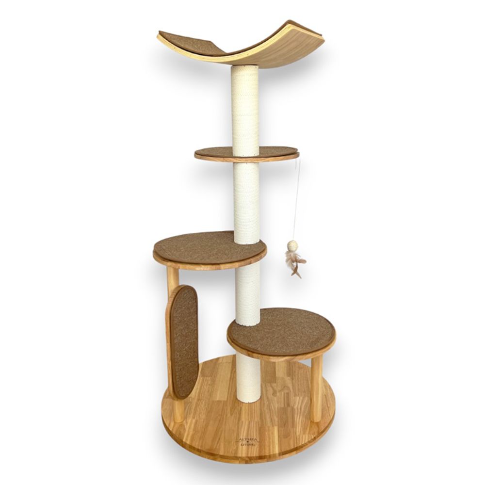 Árbol Rascador para Gatos Gaviota Multinivel con Cama Elevada Curva, 4 Alturas y Poste de Sisal | Centro de Juego, Descanso y Escalada en Altura | Althea Living