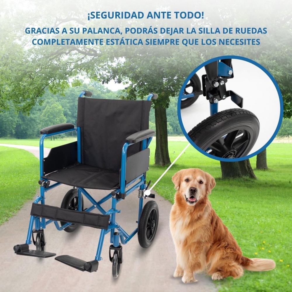 Mobiclinic Silla de ruedas plegable Marsella Ruedas de extracción rápida pulsando un botón Asiento 46 cm Reposapiés y Reposabrazos abatibles Palanca de freno Resistente Azul