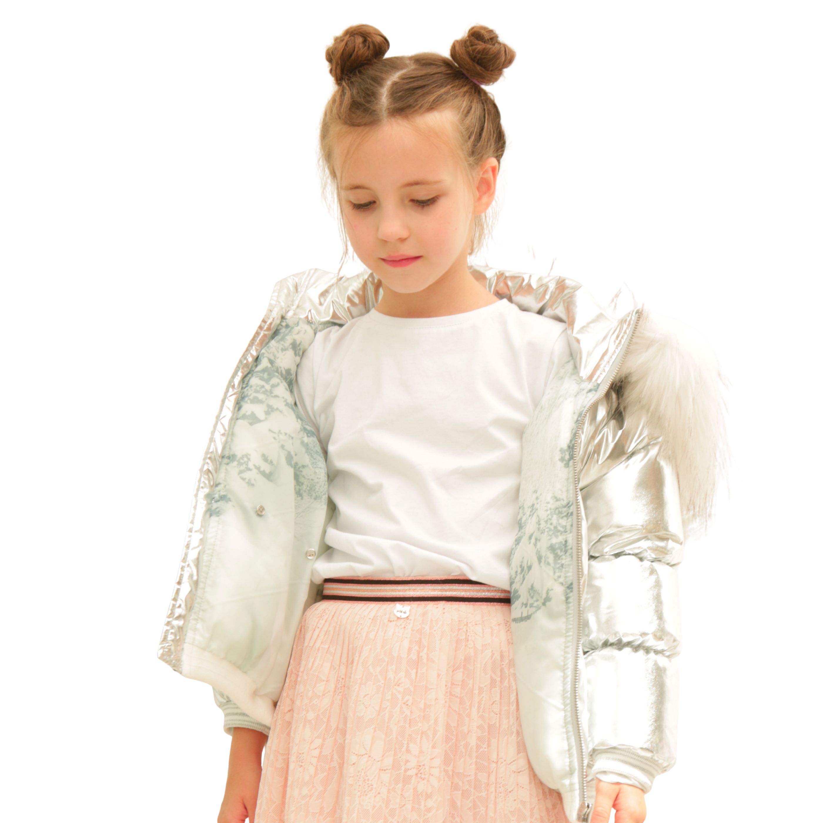 PETIT ALO - Abrigo Niña Plateado Puffer Acolchado Metalizado Chaqueta Invierno Infantil Tipo Plumas Capucha de Pelo Niña