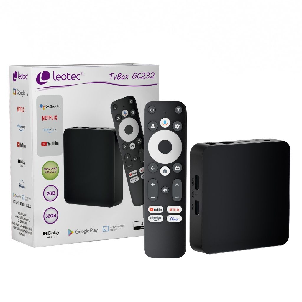 Leotec - Convertidor Smart TV LETVBOXGC06 con procesador Amlogic S905Y4, resolución 4K Ultra HD a 60 fps, certificado Netflix y Google Cast