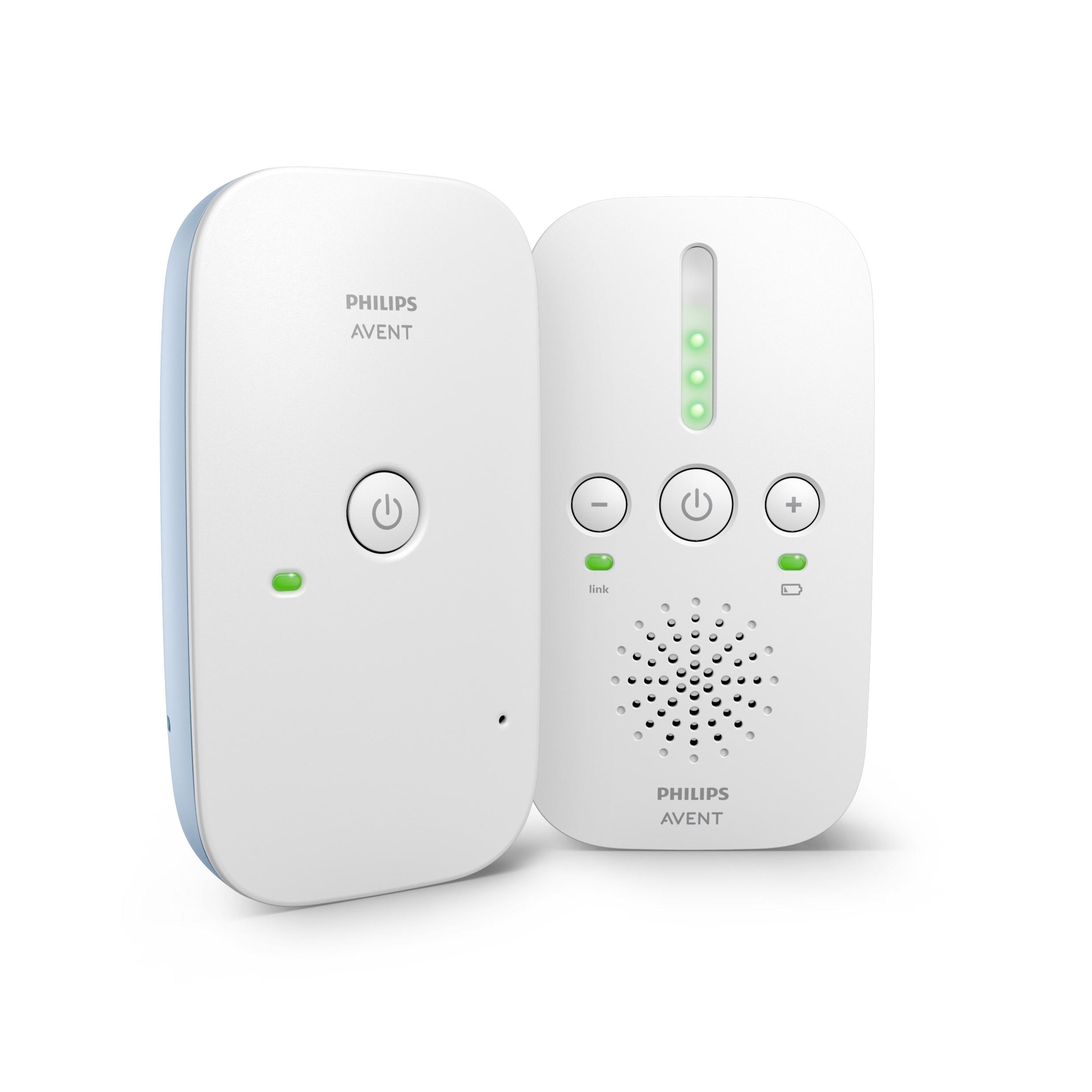 Philips AVENT Vigilabebés DECT, 300 m. de Alcance y modo inteligente Eco, Control volumen, luces de aviso activadas por sonido del bebé, Unidad de padres con conexión a red eléctrica o pilas (no incluidas). (SCD503/26)