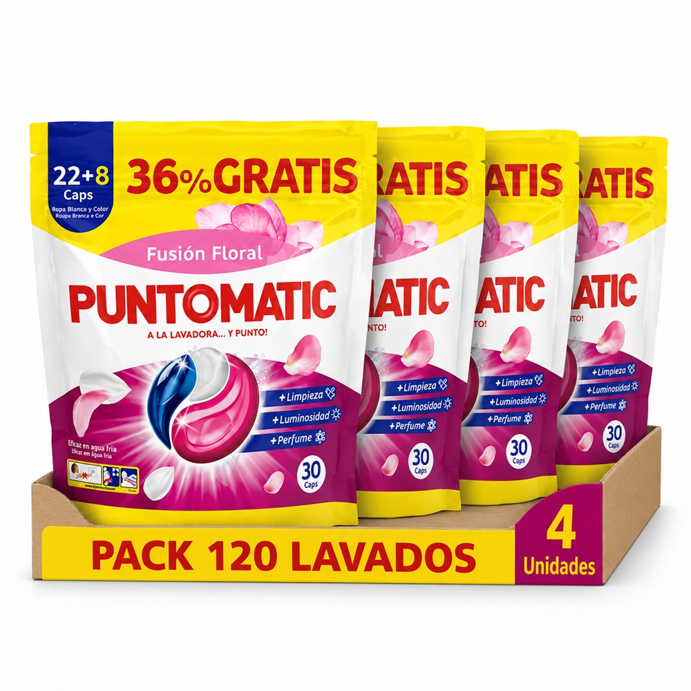 PUNTOMATIC 22+8 Cápsulas Tricámara Floral, Pack Ahorro 4x30 Total 120 Lavados, Detergente Lavadora Para Ropa Blanca y De Color, Quitamanchas