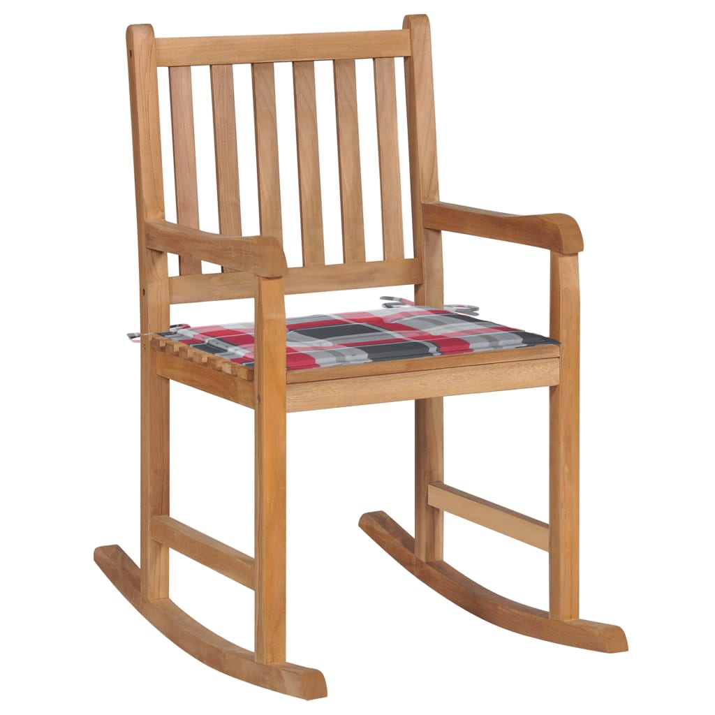 vidaXL Silla mecedora de madera maciza teca con cojín a cuadros rojos