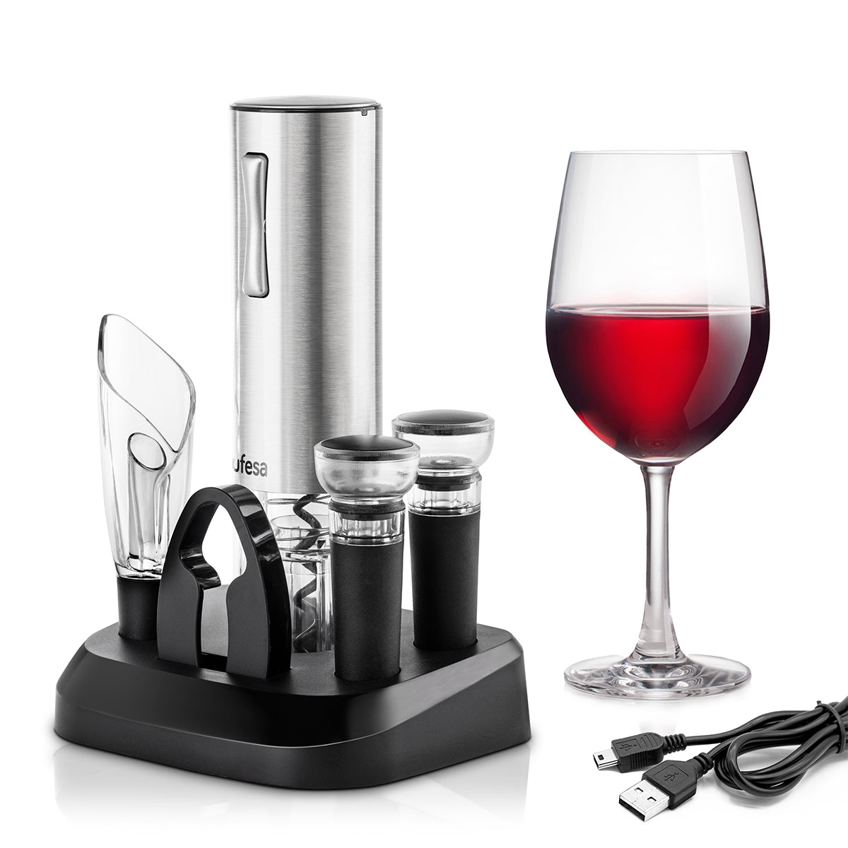 Ufesa - Sacacorchos eléctrico EasyPack para herramientas de vino, con batería de larga duración (40+ botellas/carga), función inalámbrica y decantador antigoteo, ideal para uso en bar o cocina
