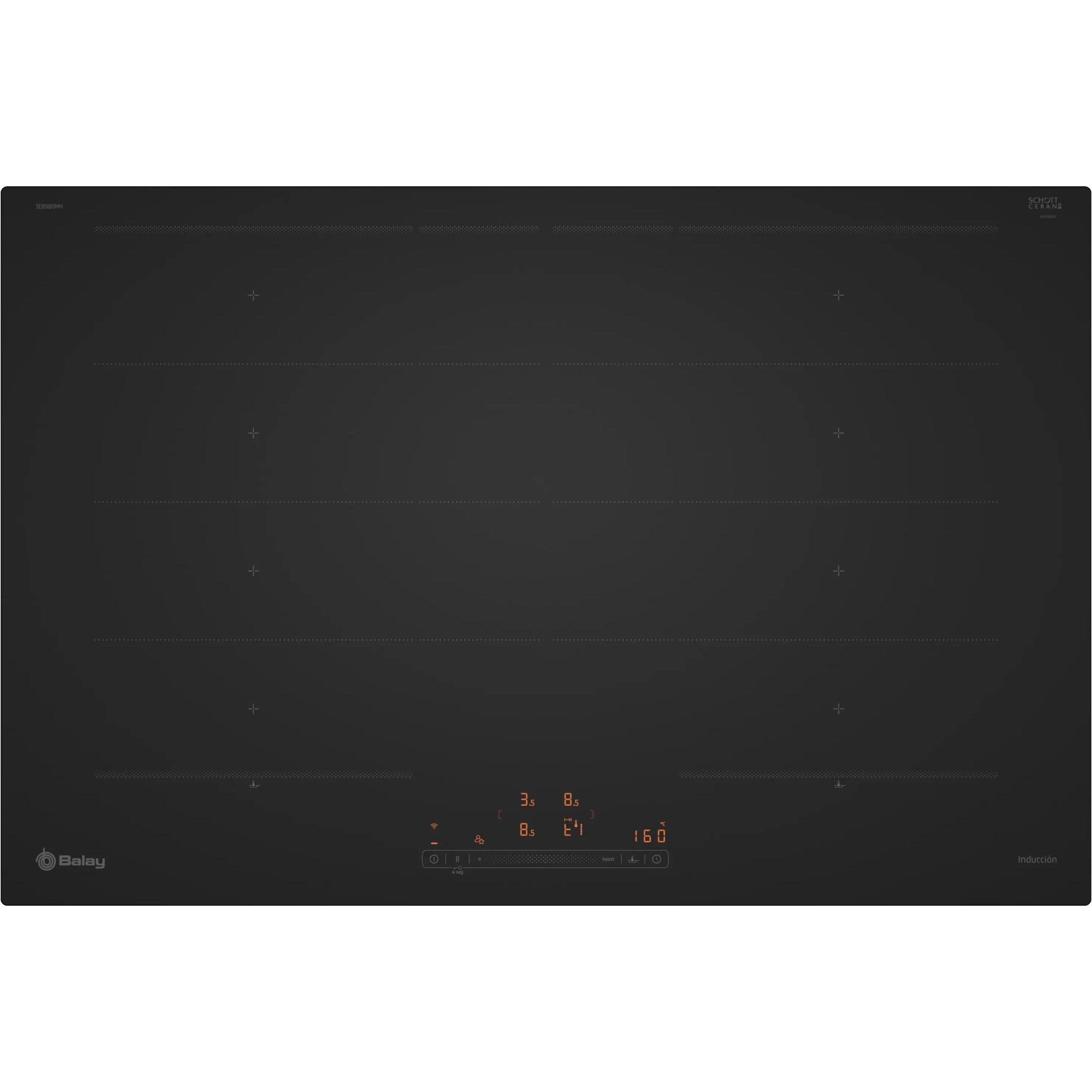 Placa de Inducción 80cm BALAY 3EB980MH | 3 Zonas, Fuego 28cm, 7,4W, Negro, Control Deslizante, Botón Favorito