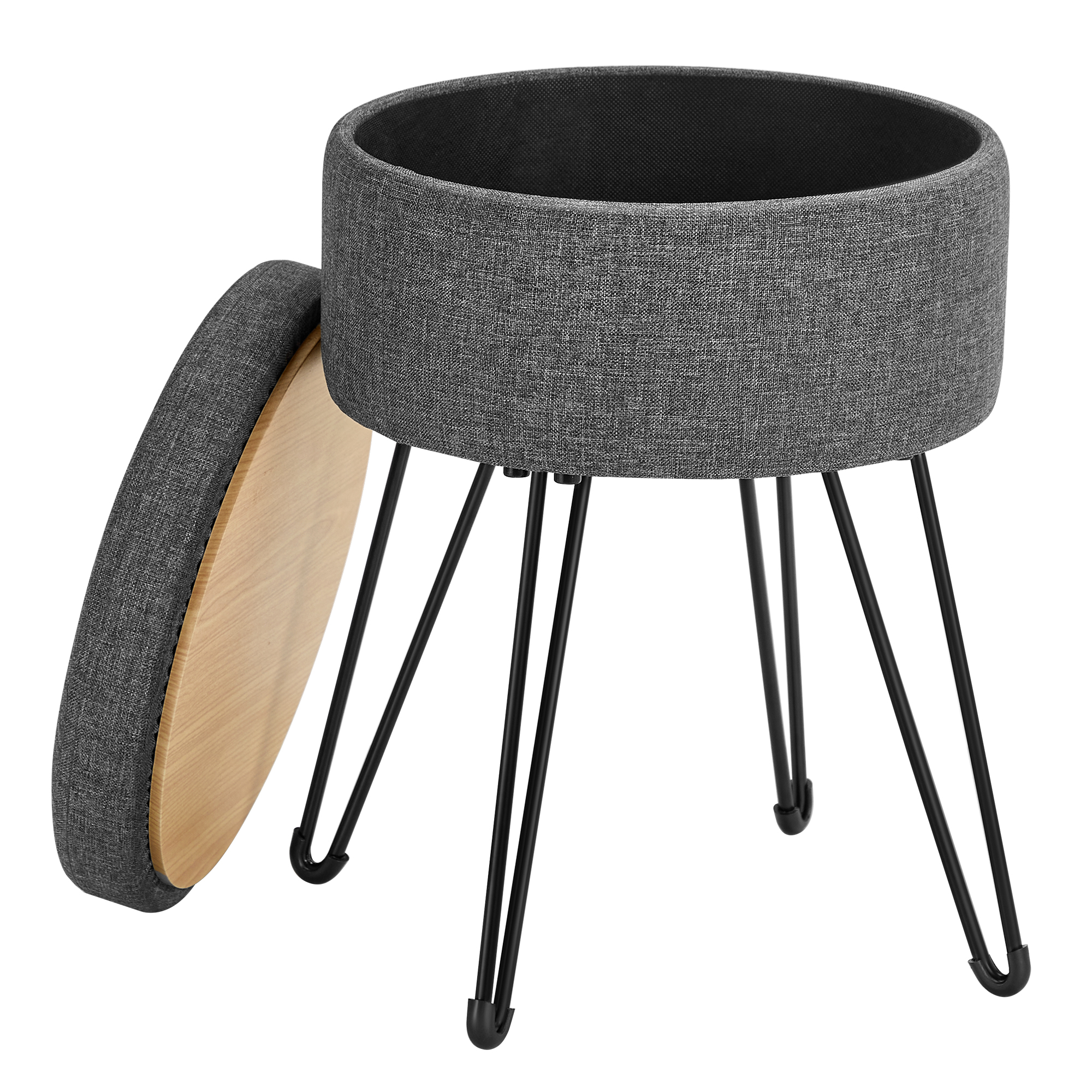 SONGMICS Puff, Baul, Banco Almacenaje Redondo, Taburete de Tocador, 39 x 44,1 cm, 4 Patas de Metal, Asiento Acolchado, Pizarra, Madera de ingeniería, Gris Oscuro, 31x31x43cm