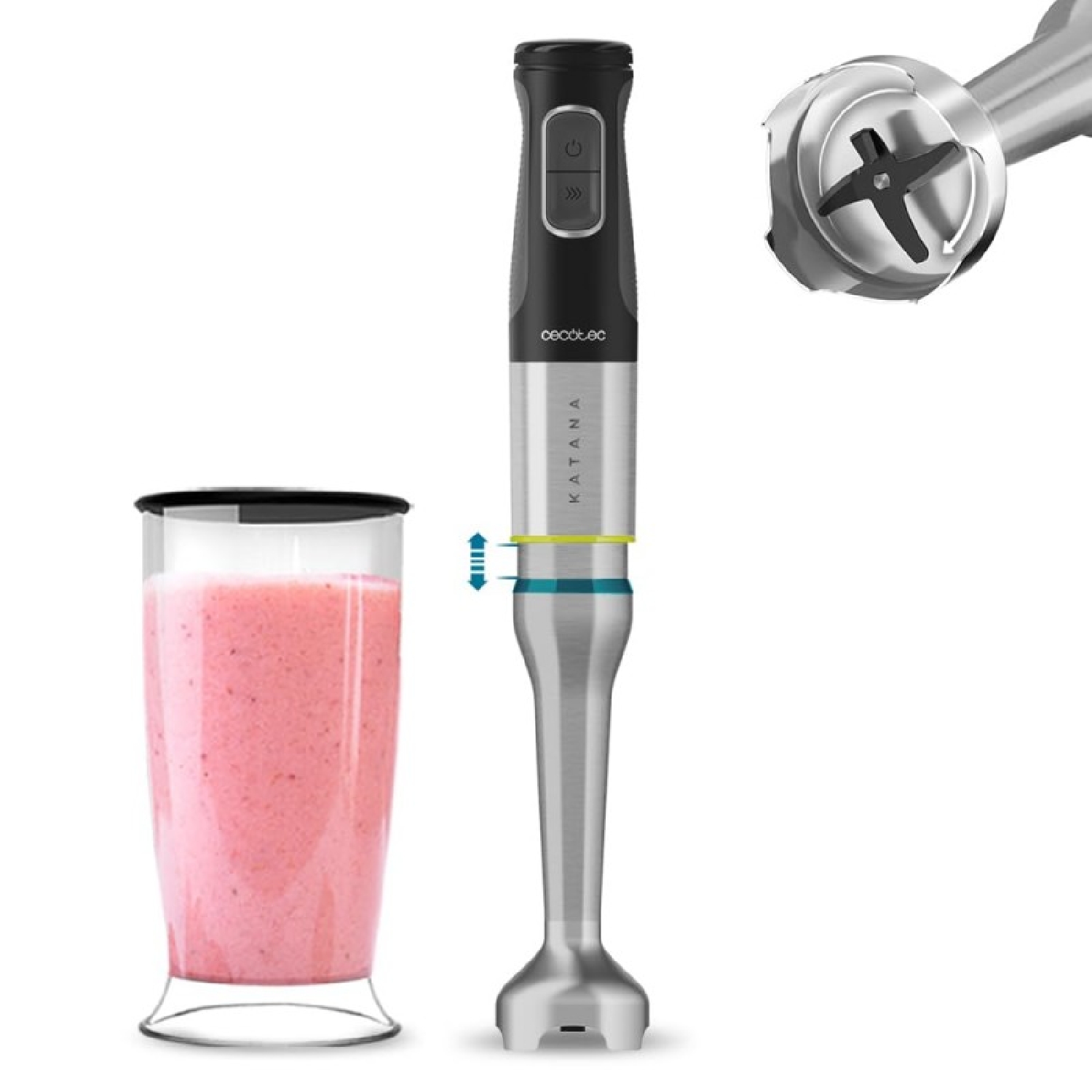 Cecotec Batidora de Mano Katana 15 Jar G. 1500 W, 21 Velocidades y Turbo, 4 Hojas con Titanio Negro, Campana antisalpicaduras