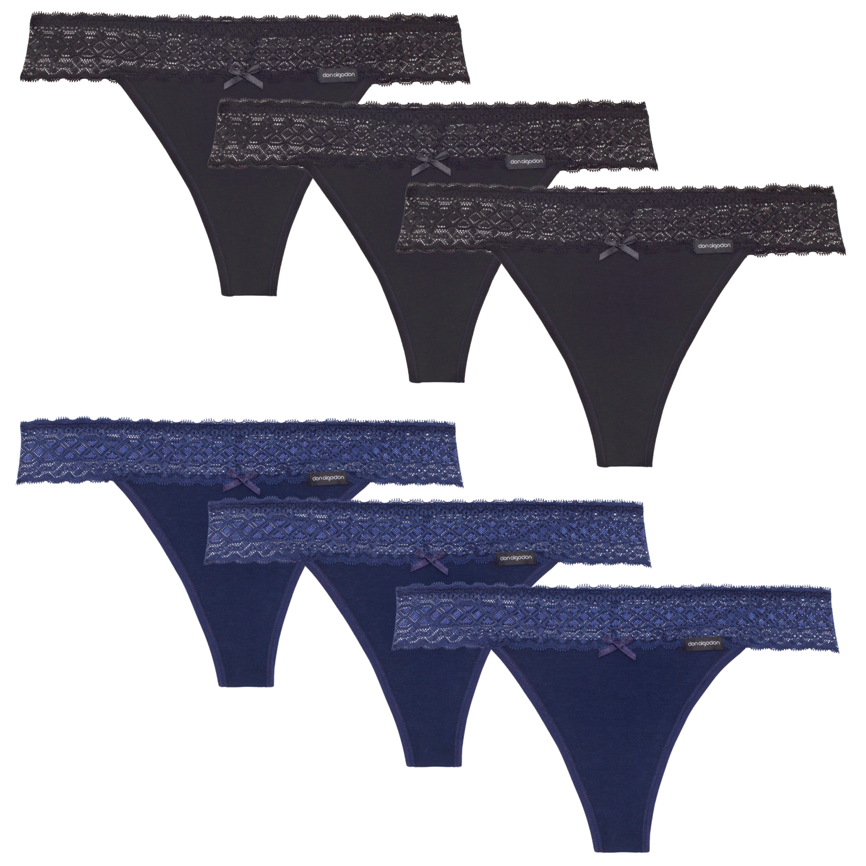 DON ALGODON | Pack 6 Tangas Cintura Encaje de Algodón | Suaves y Transpirables | 3 Tangas de cada Color: Marino y Negro | Tangas sexy para Mujer de Algodón