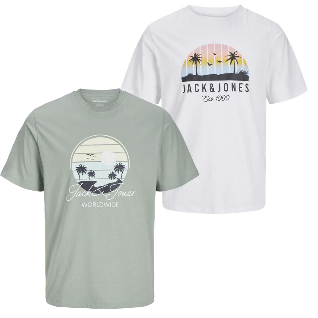 Jack & Jones SS25 Hombre Pack 2 Camisetas de Algodón Mod JJPALM TEE CREW logo estampado Moda Casual Informal REF 269418