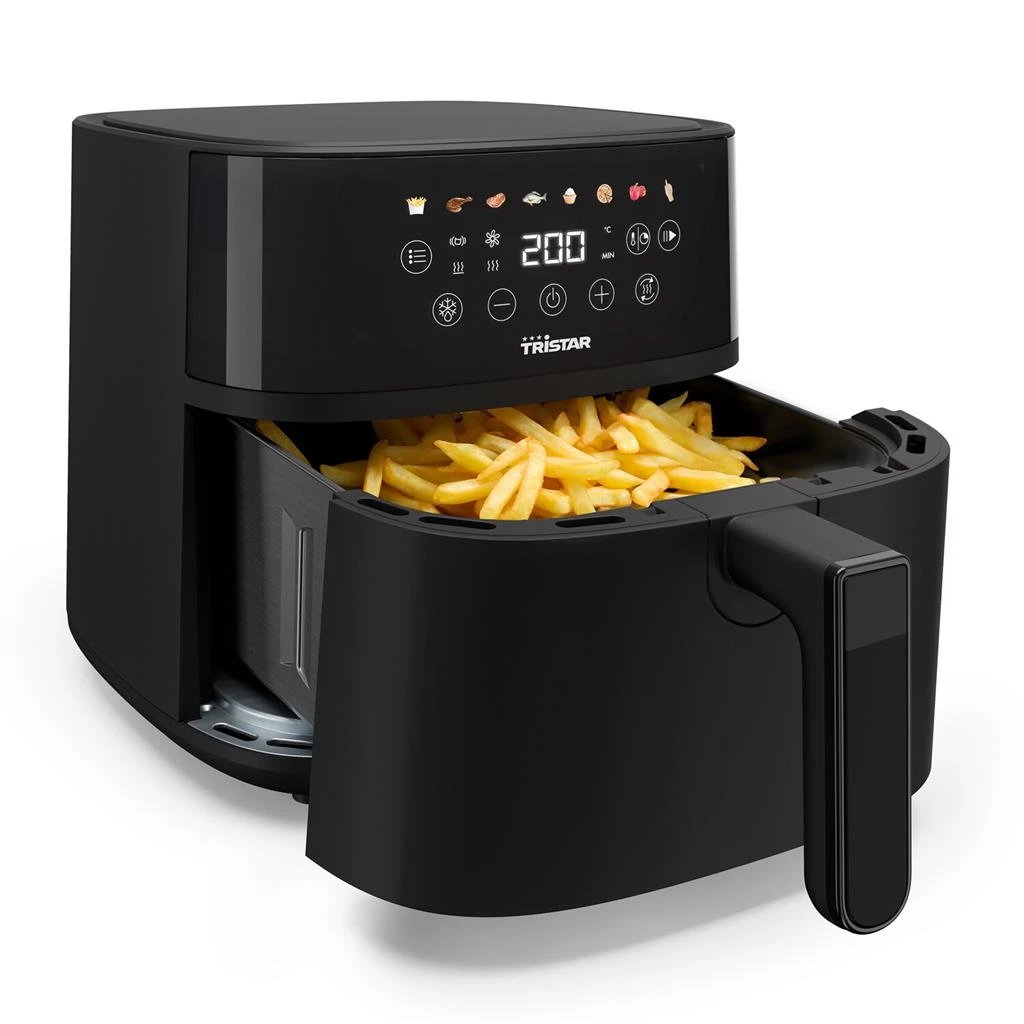 Tristar - Freidora de aire FR-9060 de 6 L y 2000 W en acabado negro para cocina moderna, con tecnología de circulación de aire caliente y bajo consumo de aceite