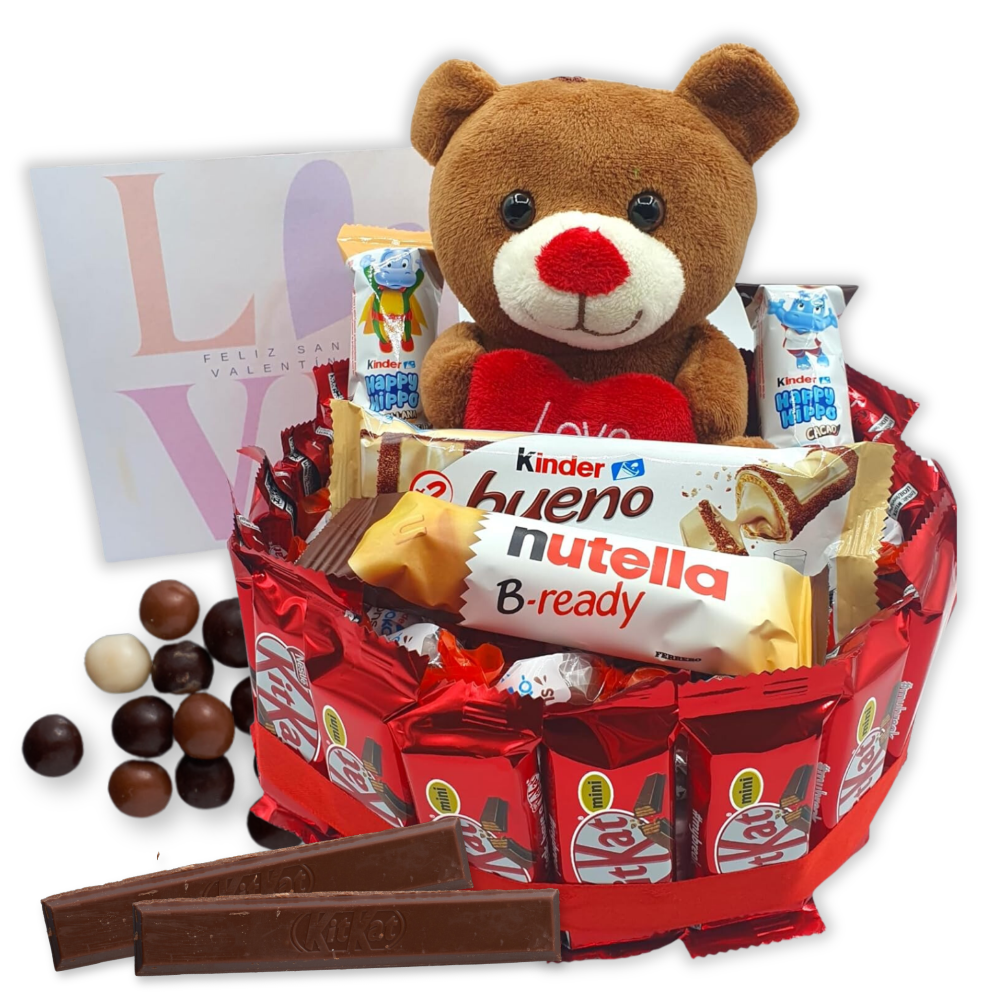 Tarta de Chocolate Kit Kat + Osito LOVE - Regalo Ideal para San Valentin. Kinder Bueno, Kinder Chocolate, Nutella, Happy Hippo - Tarta de 20 cms [IAMI]