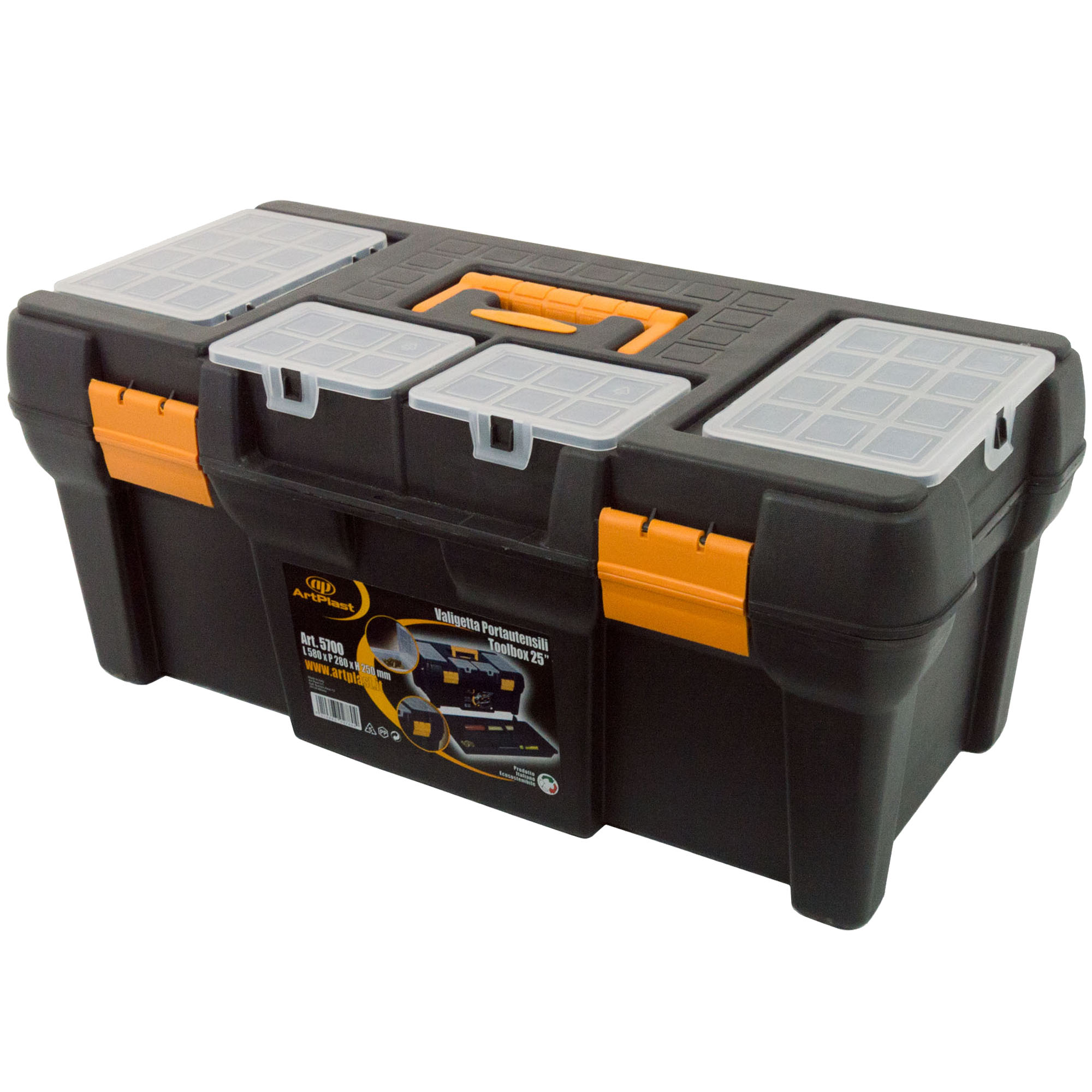 Caja de herramientas en polipropileno 23 "L 580 x P 280 x H 250 mm, 4 organizadores en la tapa + bandeja interior