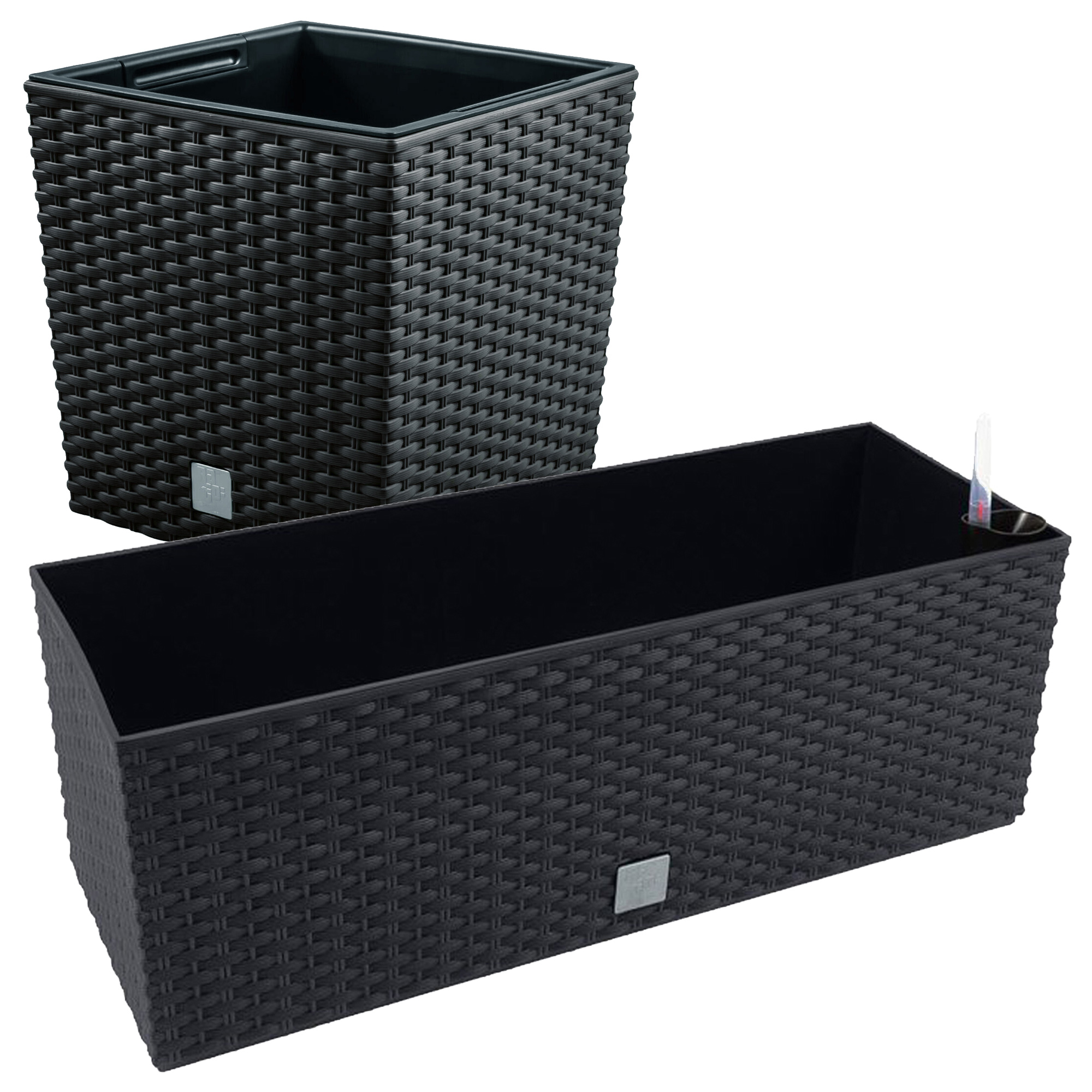 Juego macetas Rato: macetero 64 litros y jardinera rectangular 17 litros color antracita WELLHOME