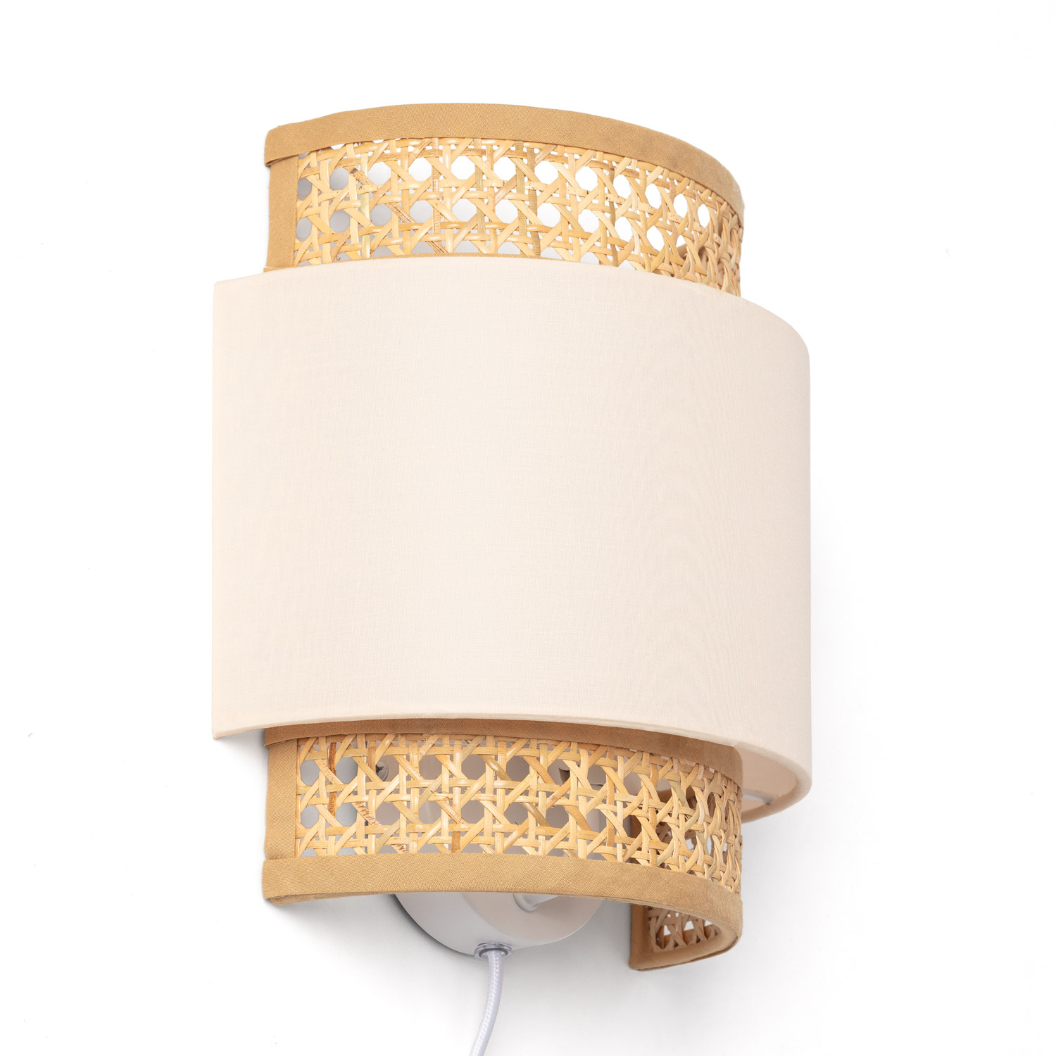 LEDKIA LIGHTING - Aplique de Pared | Ratán y Tela Amaia | Ideal para Interiores | Diseño Bohemio y Rústico | E14, IP20, Blanco Roto, Ratán, Tela