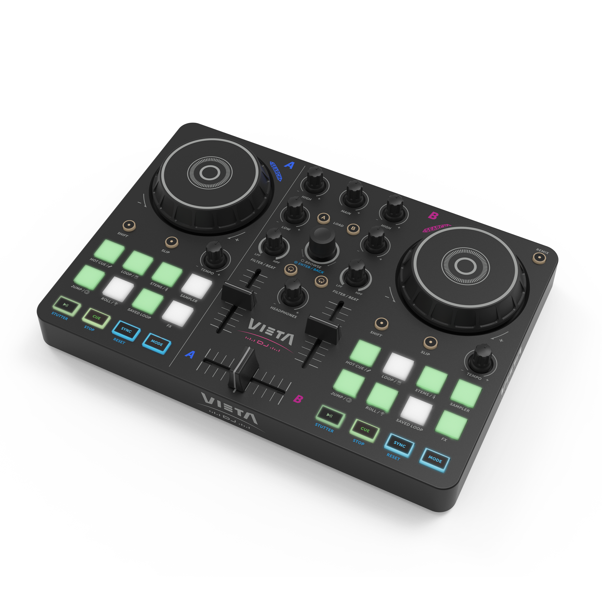 VIETA DJ Mesa de Mezclas DJ Bluetooth Profesional con Tarjeta de Sonido Integrada. Controladora DJ Con Luces Integradas RGB, Mezclador DJ Controller e Interfaz Audio. Mesa de mezclas DJ Vega