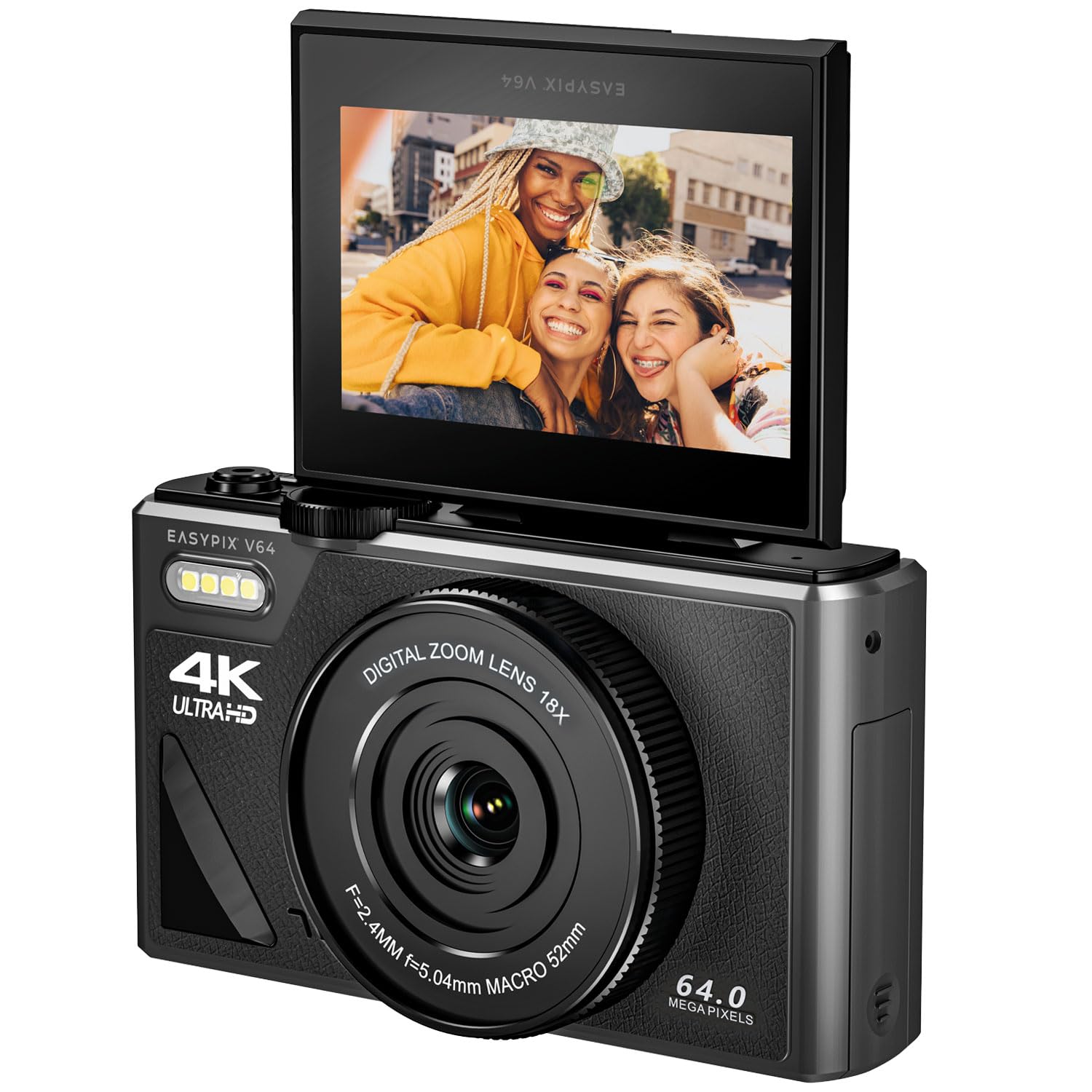Easypix V64 Flip Cámara Digital con Pantalla Flip Pantalla Plegable 3.0" Resolución hasta 64MP Zoom Digital 18x WiFi Vlogger y Selfie