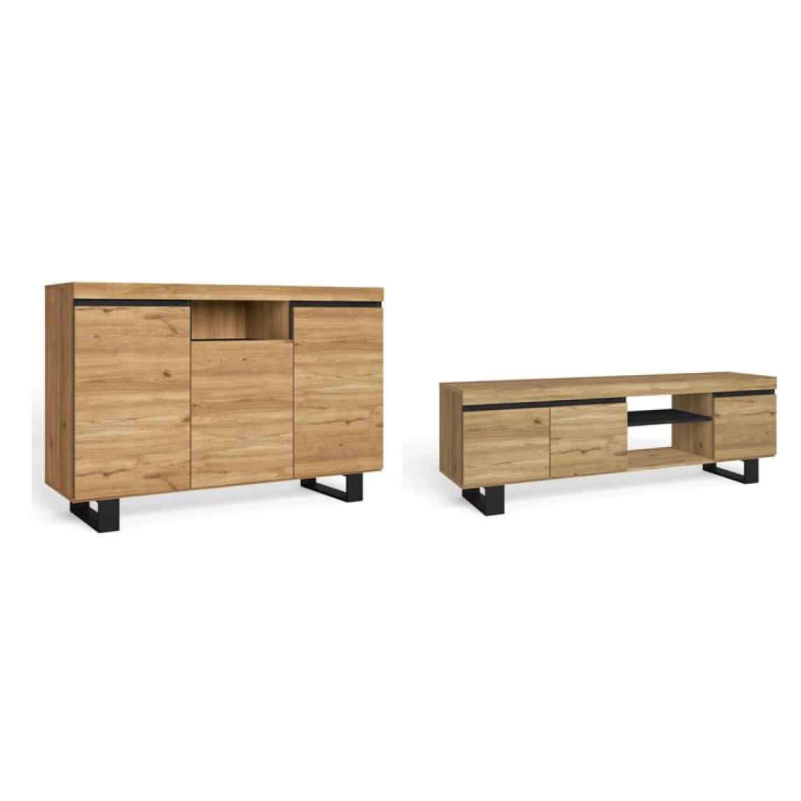 Skraut Home - Set Naturale salón Comedor con patas, Mueble Auxiliar,  Buffet y Mueble TV 120cm, color roble y negro nórdico