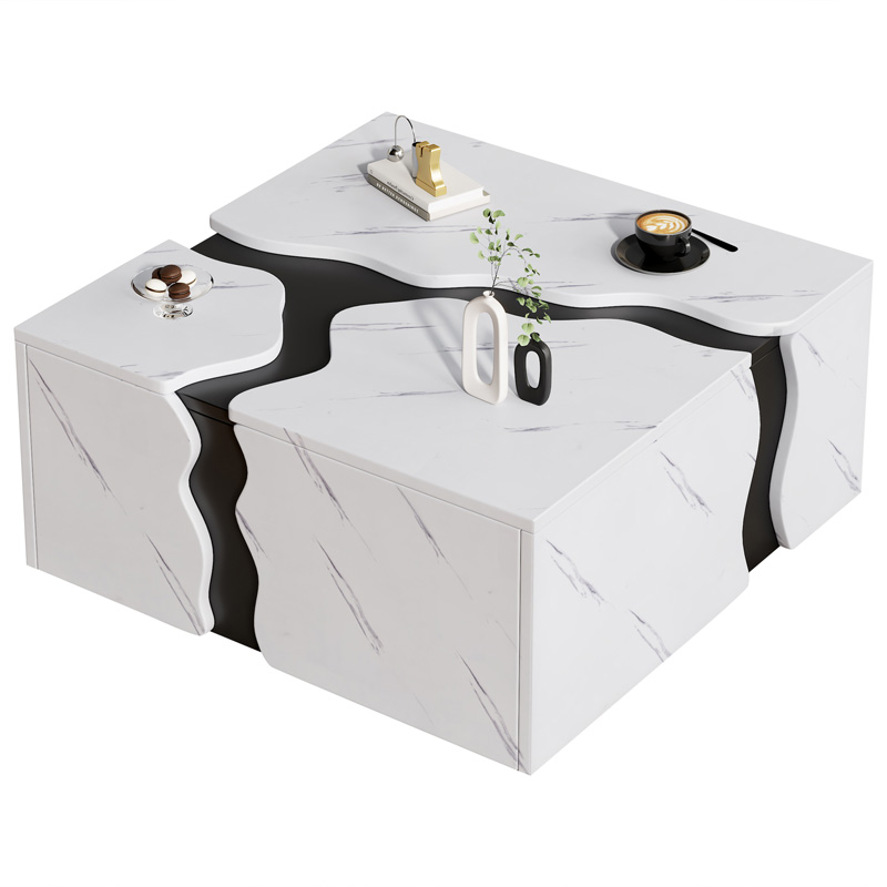 Table basse blanche carrée 70 x 70 cm avec effet marbre, design géométrique ondulé et tiroir dissimulé