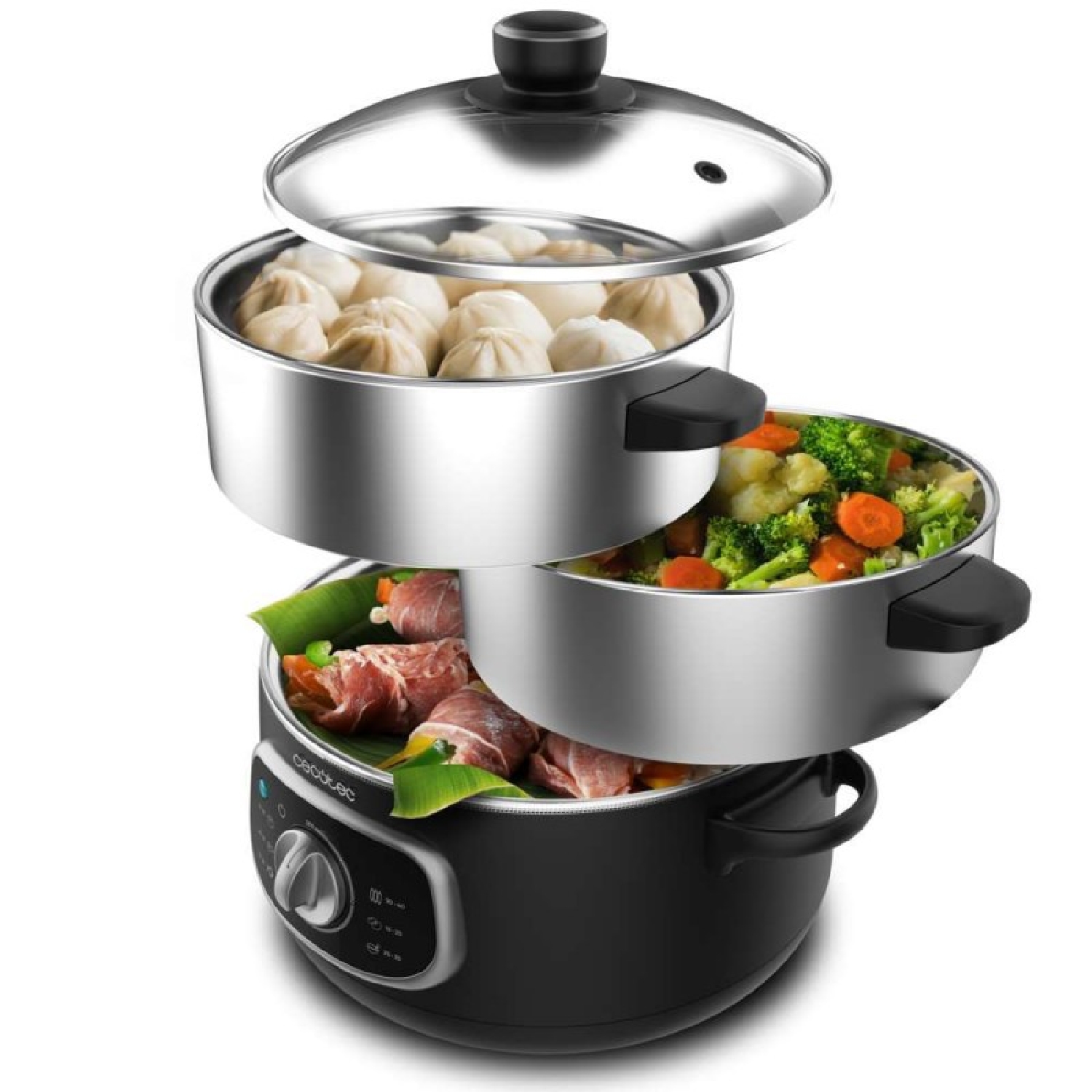 Cecotec Vaporera Eléctrica Vapovita 10L Steelpot. 1300W, Recipientes Inoxidables: 1 Depósito + 2 Vaporeras, Tiempo Ajustable