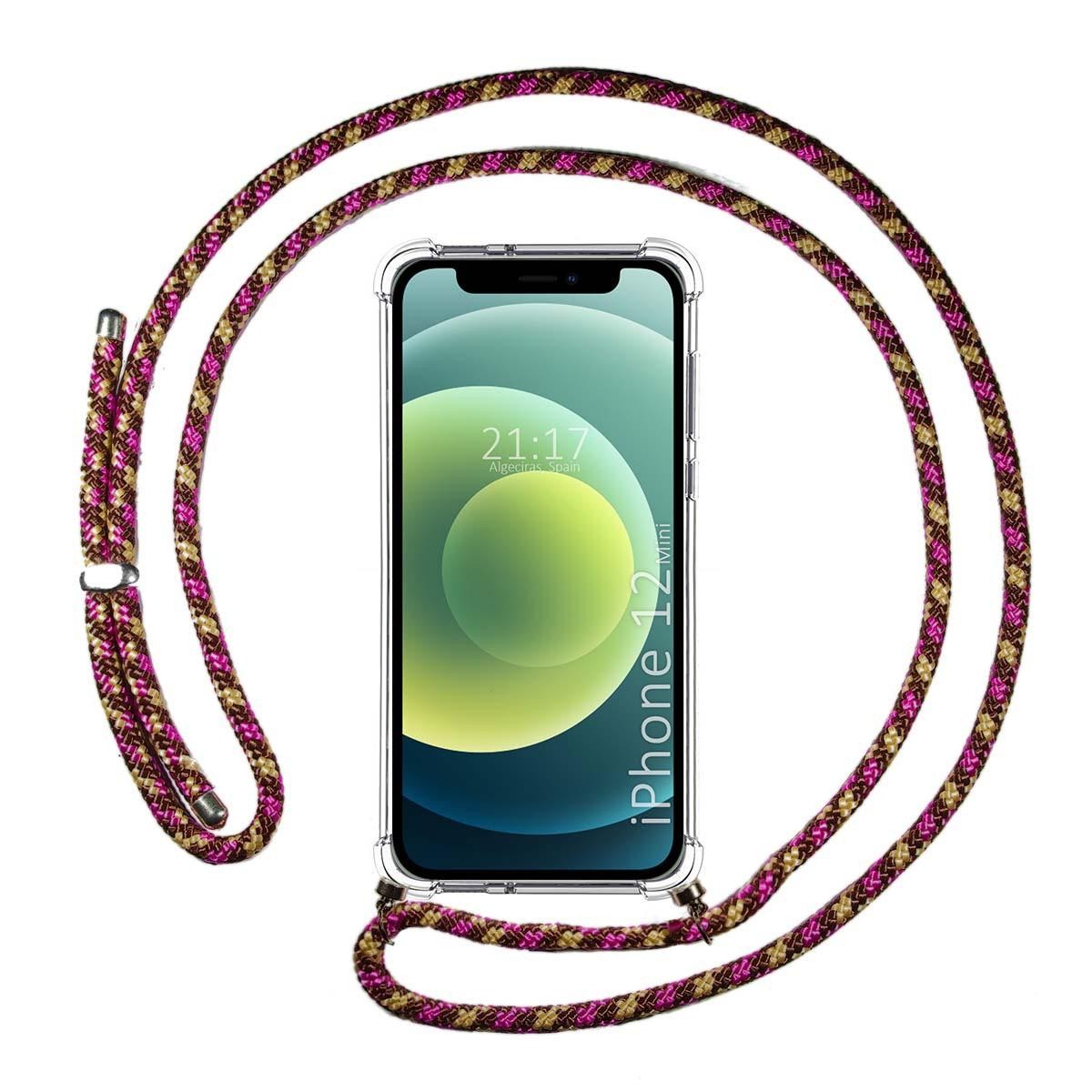 Tumundosmartphone Funda Colgante Transparente para Iphone 12 Mini (5.4) con Cordon Rosa / Dorado