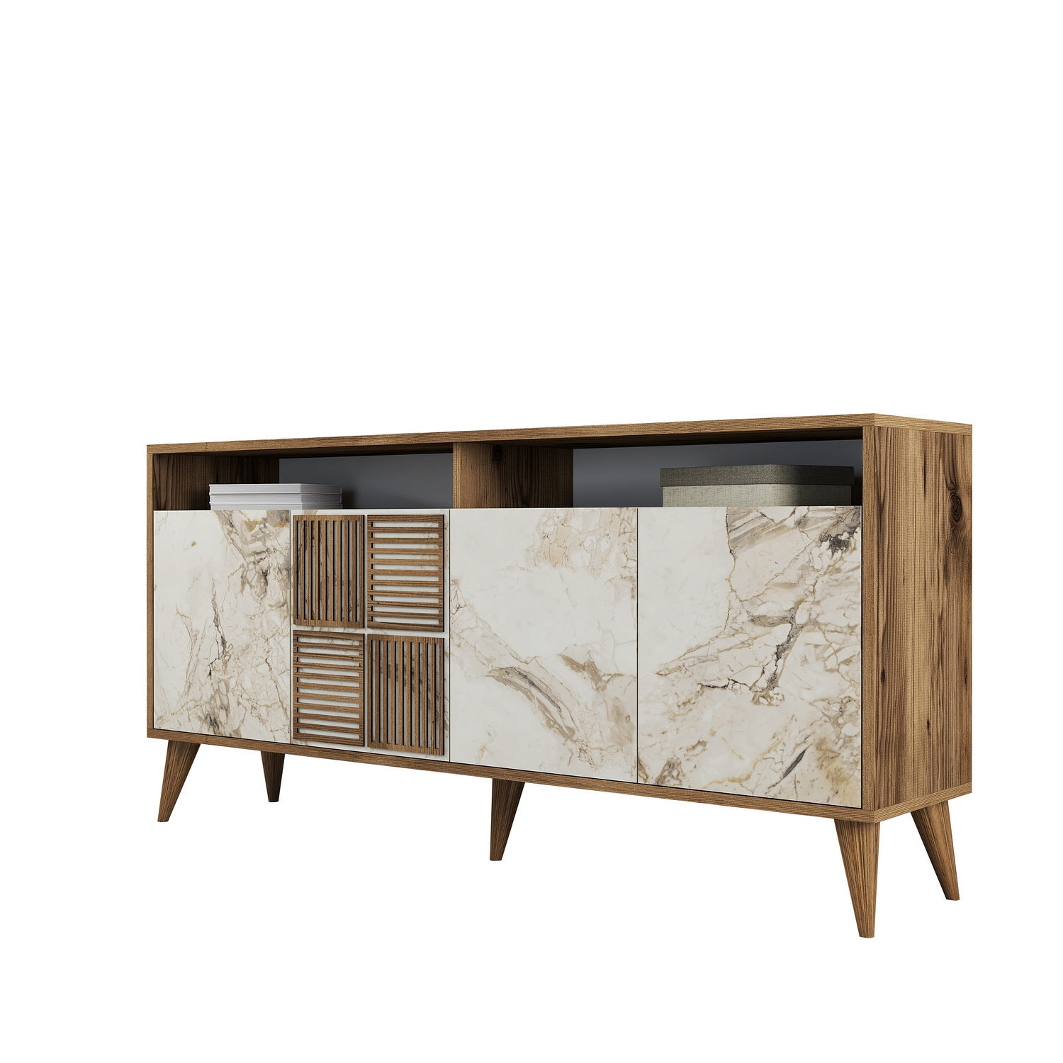 Habitat y Jardin - Aparador de madera "Milan" - 160 x 35 x 78 cm - Nogal, Mármol blanco