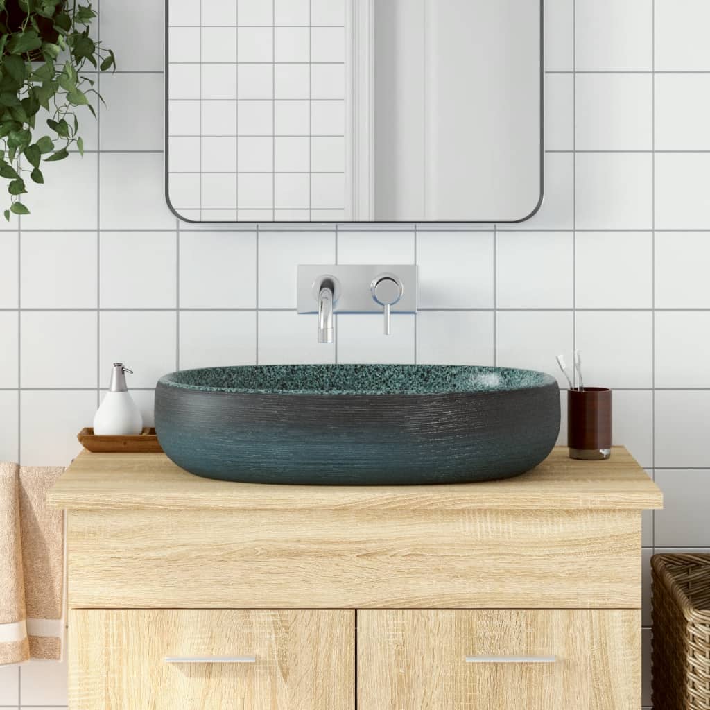 vidaXL Lavabo sobre Encimera Ovalado Lavamanos de Baño Cerámica Arena Color Gris y negro,  Morado,  Azul oscuro y mas