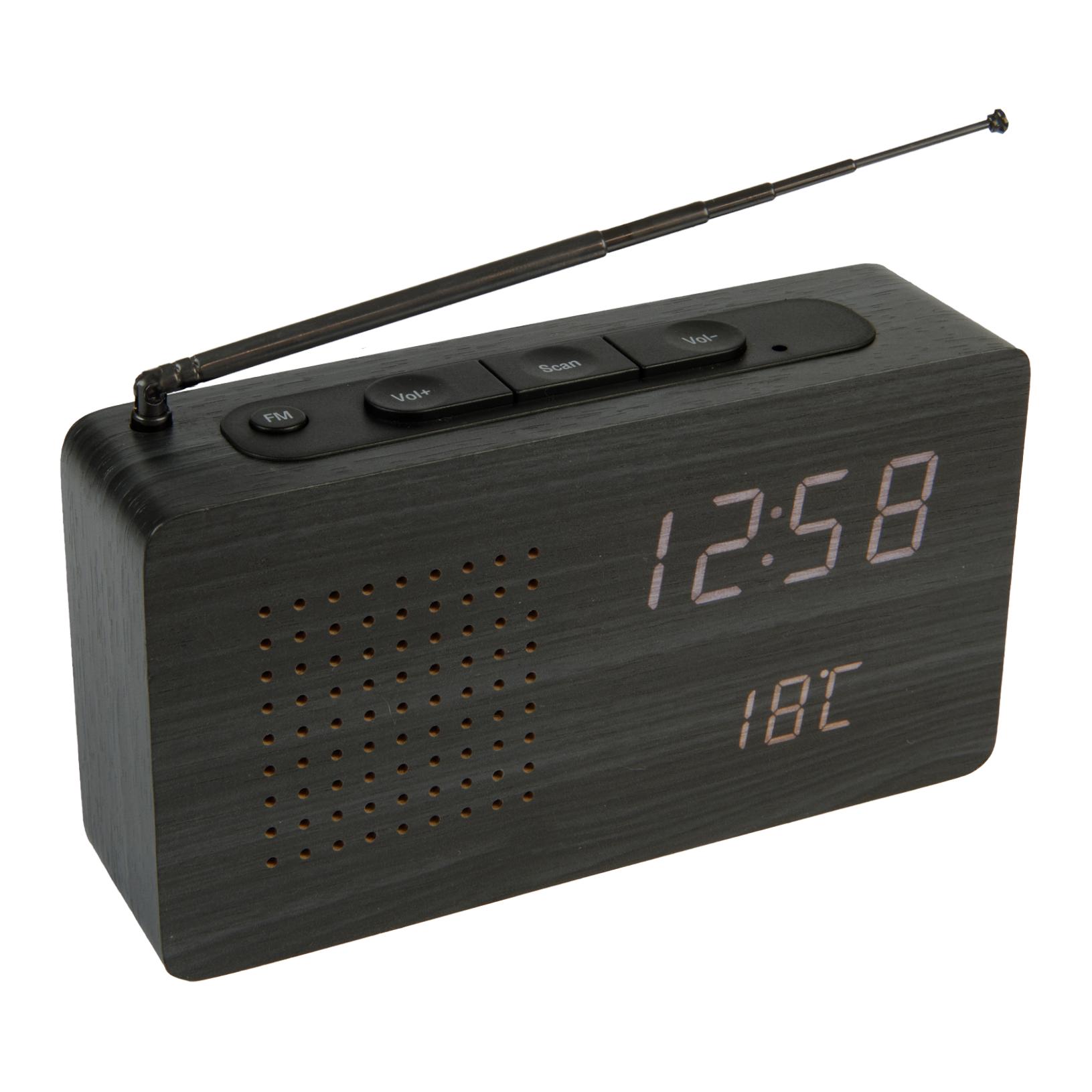 Fisura – Radio despertador reloj negra. Radio portátil de sobremesa. Reloj  despertador digital con radio 17,7 x 4,5 x 9 cm. Material: Madera.