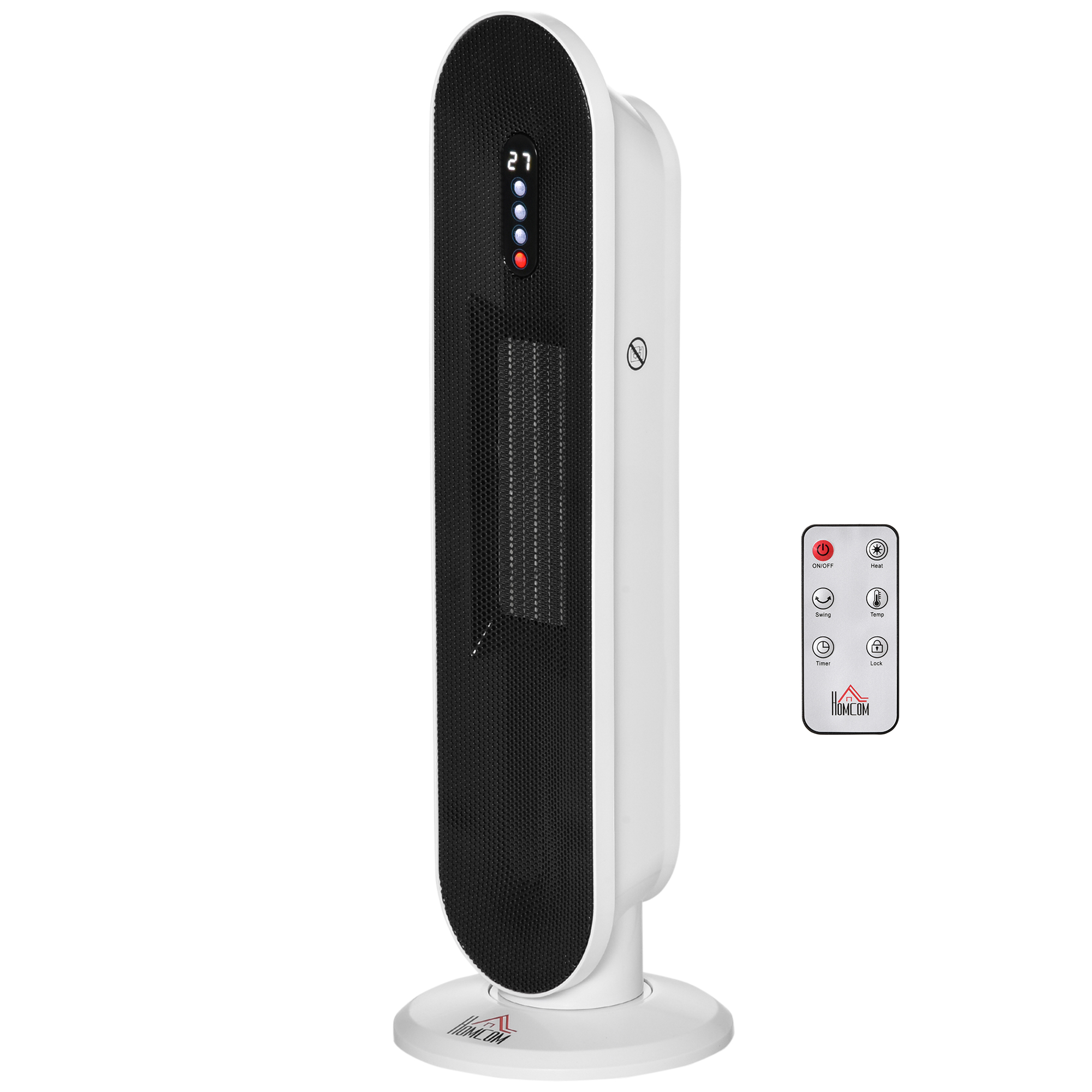 HOMCOM Calefactor Cerámico de Torre 1200W/2000W Calefactor PTC con Mando a Distancia Termostato Temporizador de 24H Oscilación 45° y Sistema Antivuelco para Sala de 20 m² Blanco y Negro