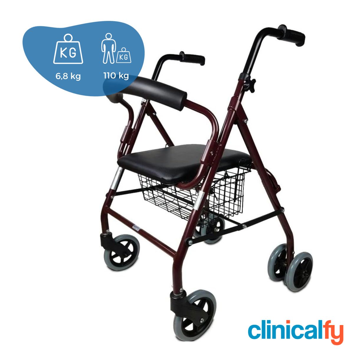 Andador Plegable Clinicalfy Paterna Asiento y Respaldo Incluye cesta Aluminio Ortopédico para Adultos con Frenos