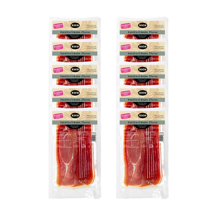 NICO JAMONES - CAJA de 10 blister x 90gr. de PALETA CURADA DUROC. Loncheada en sobre de 90g SIN ADITIVOS, 100% natural, elaborada solo con paleta y sal marina, sin aditivos