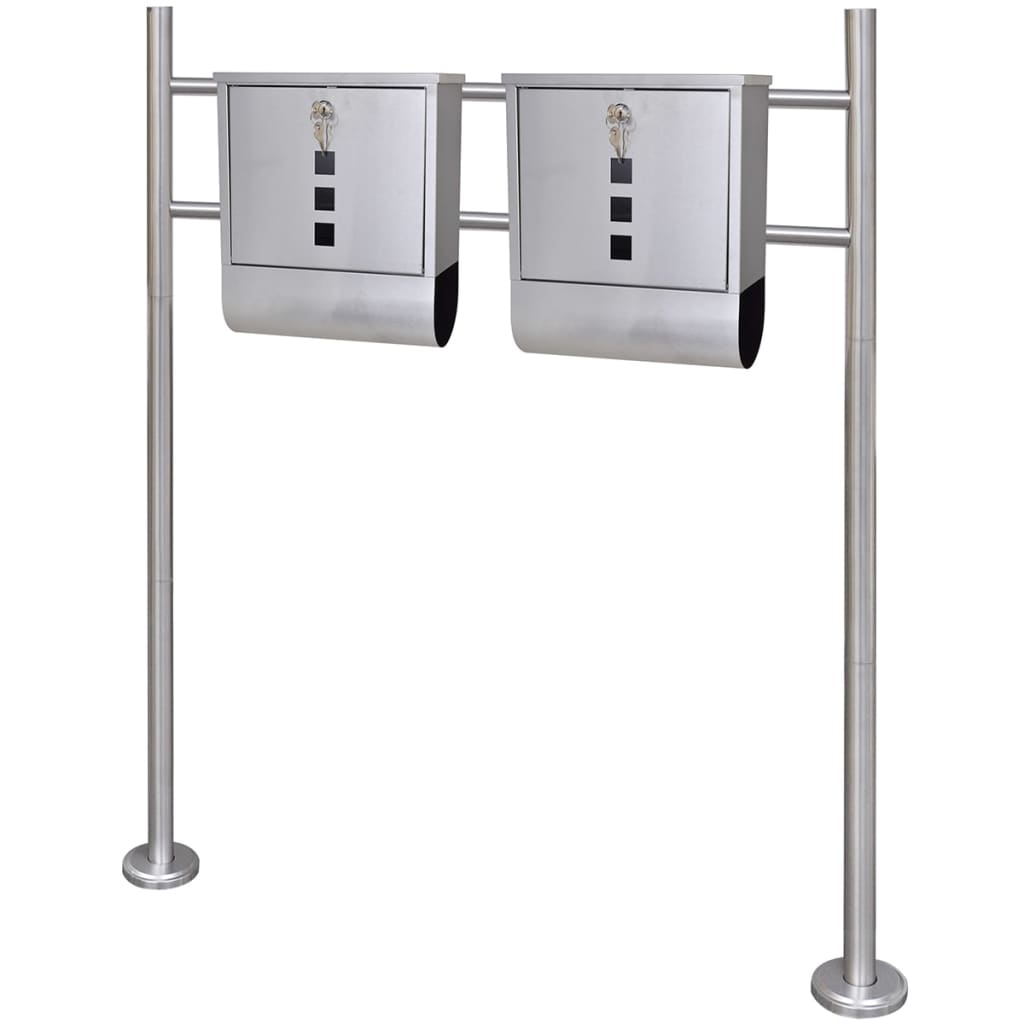 vidaXL Buzones poste doble con soporte 2 llaves acero inox Dimensiones 31 x 10.5 x 33.5 cm, 30 x 12 x 40 cm, 37.5 x 13 x 31 cm