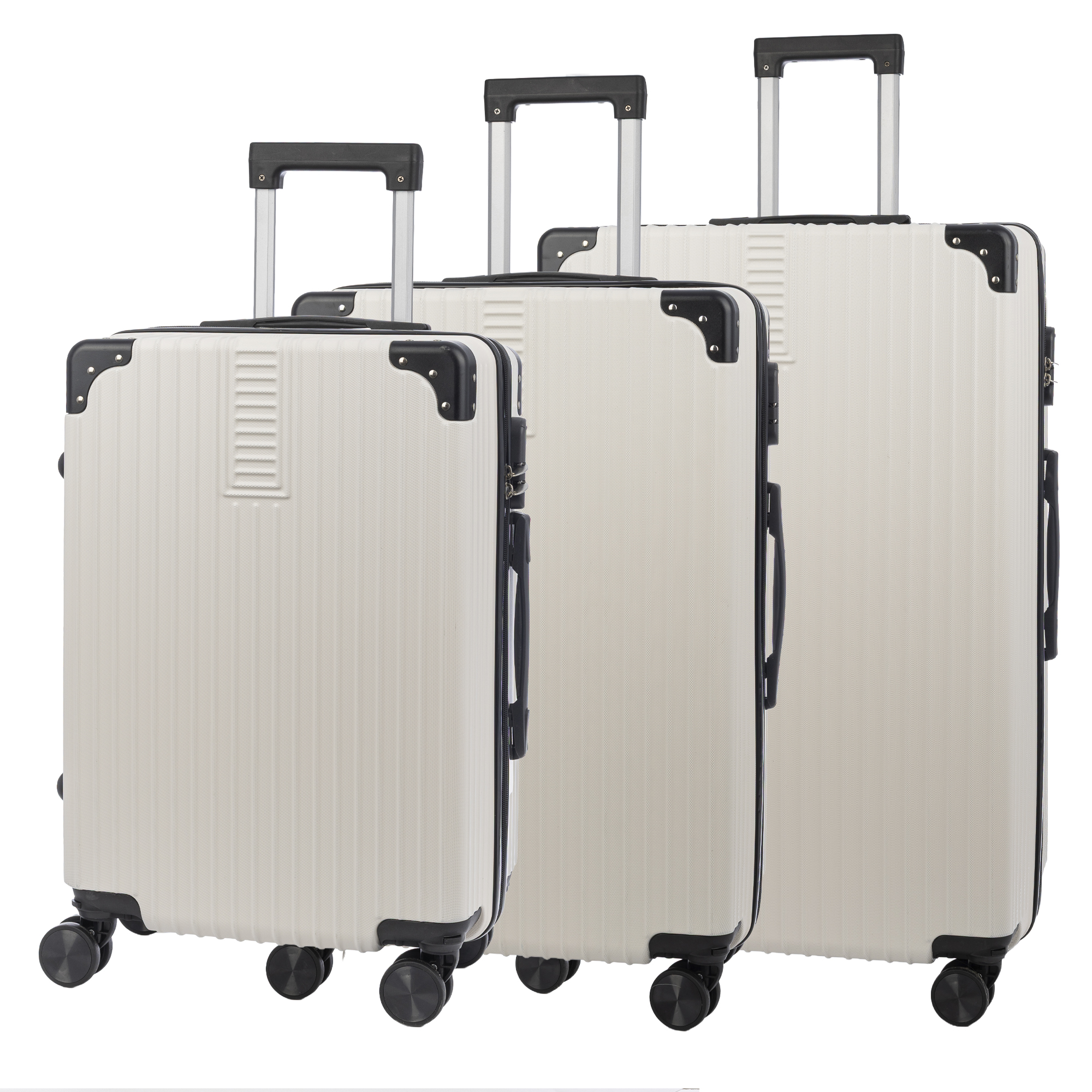 Juego de 3 maletas Trolley, en material ligero ABS de alta resistencia con esquinas reforzadas. Cerradura numérica y 4 ruedas dobles extraíbles y giratorias 360°.