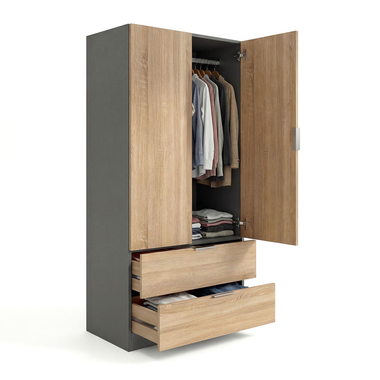 duehome - Armario de 2 puertas y 2 cajones Lark para dormitorio, fabricado en melamina de alta calidad, medidas 81,5x180x52 cm, diseño nórdico moderno con barra colgante y estantes integrados