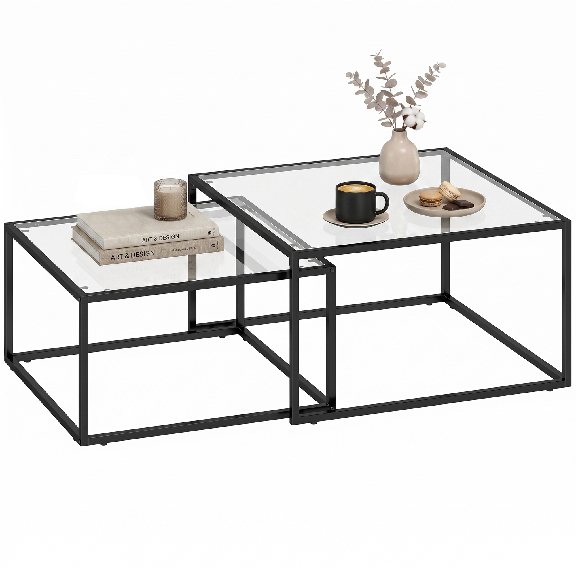HOMCOM Set de 2 Mesas de Centro Cuadradas, Mesas Nido Modernas con Tablero de Vidrio Templado y Estructura Metálica, Ahorra Espacio, para Salón, Dormitorio u Oficina, 75x75x42 cm