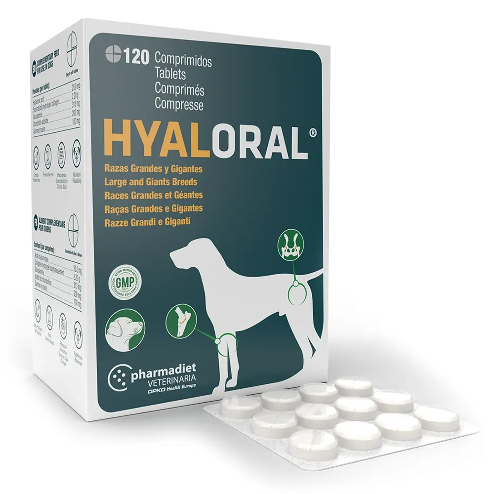 Hyaloral para perro de raza grande y gigante 120 comprimidos en sobre dispensador Pharmadiet