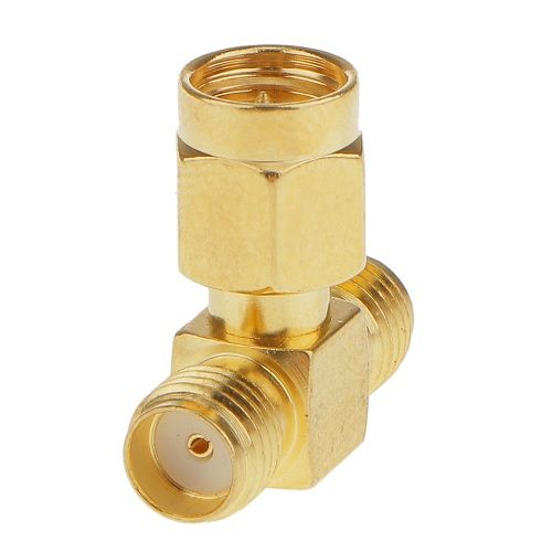 CABLEPELADO Adaptador Triple T RP-SMA Macho a 2X RF RP-SMA Hembra | RP-SMA Macho a 2 RP-SMA Hembra | 50 ohmios | Latón | Chapado en Oro