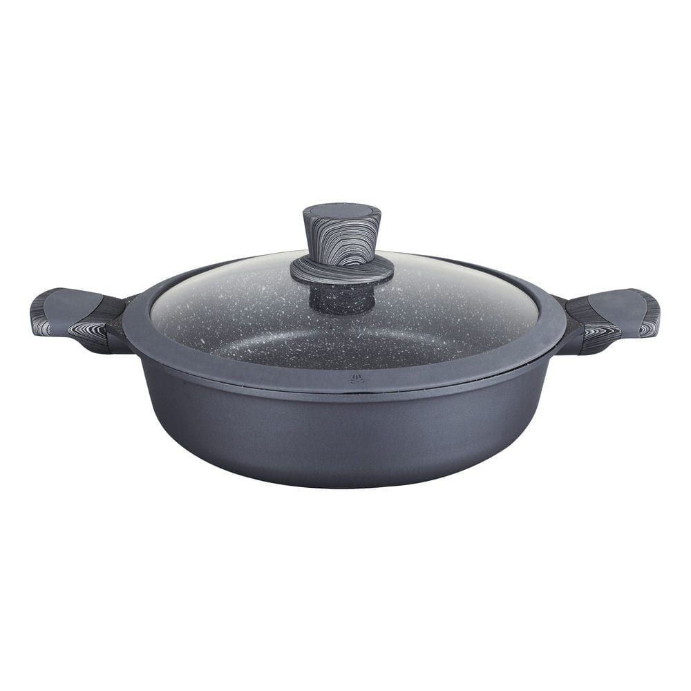 Cacerola aluminio fundido premium baja piedra - Adecuada para vitrocerámica, gas, eléctrica, inducción - Cacerola con tapa de cristal de óptimo ajuste - Asas y pomo con silicona de elegante diseño