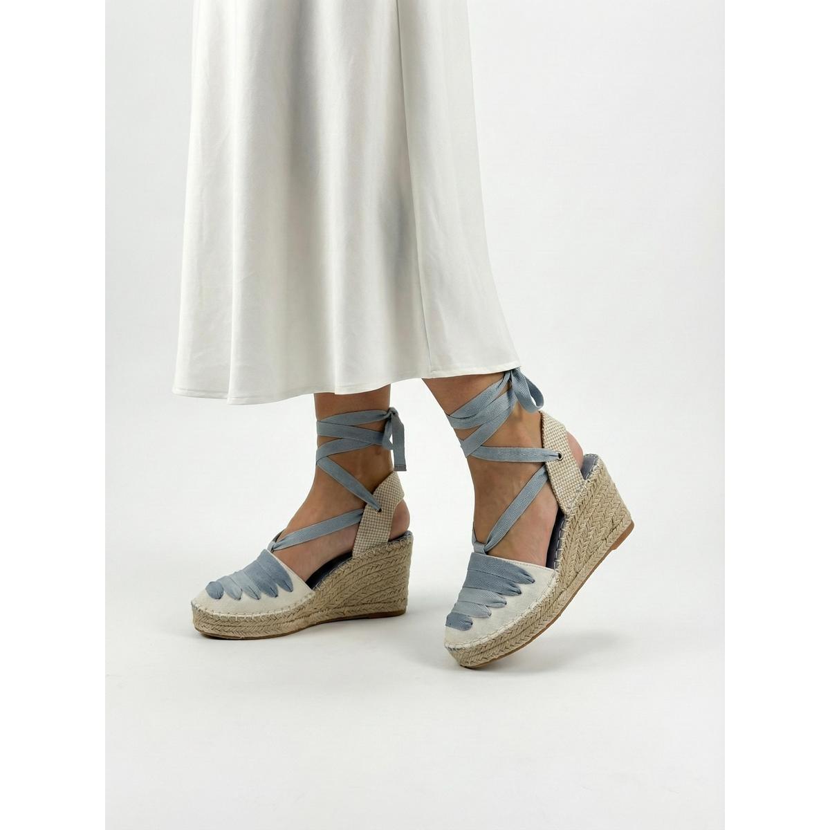 Calzados soraia, Alpargatas de Cuña Alta de Yute con Lazos al Tobillo - Sandalias de Lona con Puntera Cerrada y Diseño Bicolor Estilo Boho Chic para Mujer Verano y Vacaciones Bohemio Hebilla cruz Vacación