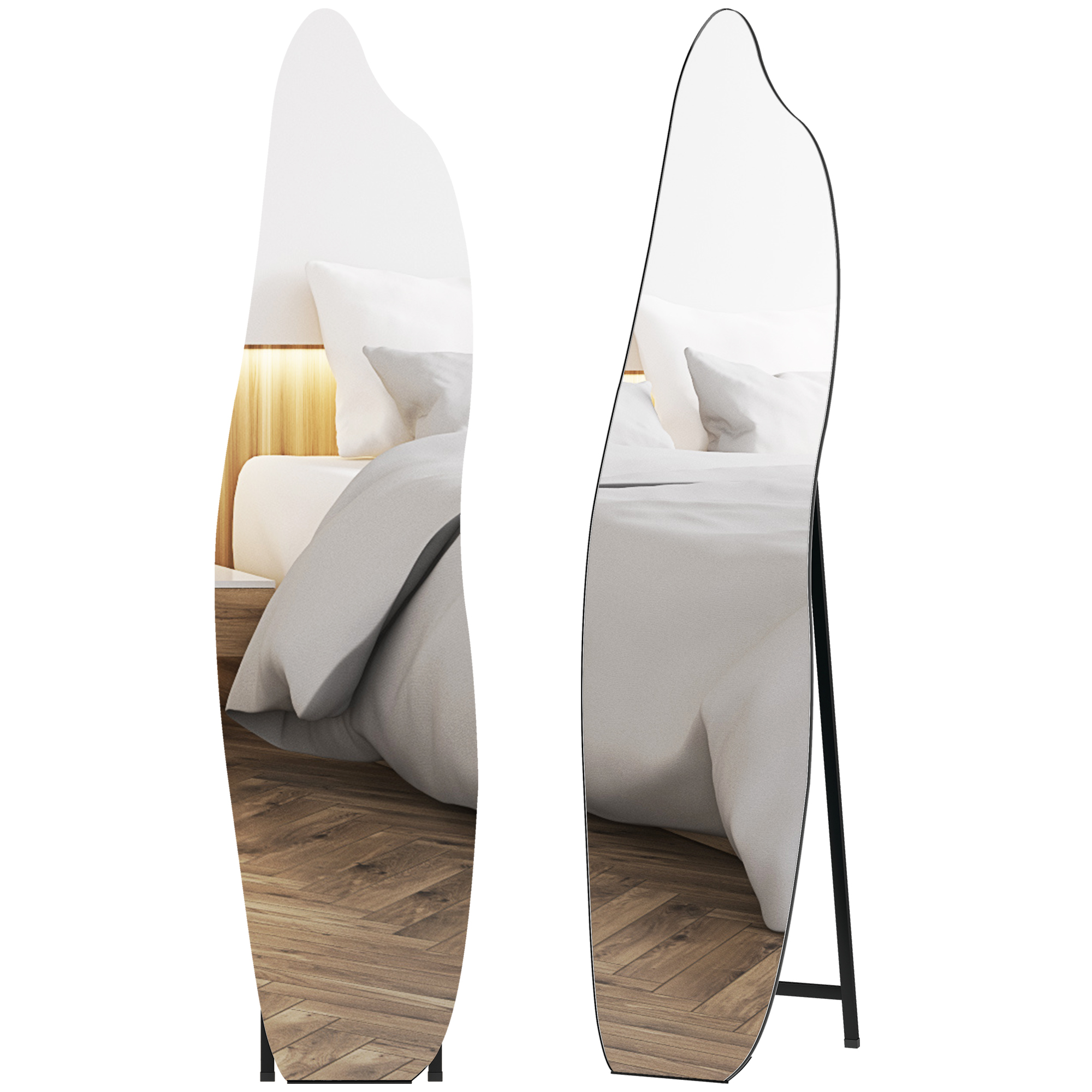 HOMCOM Espejo de Pie Cuerpo Entero 160x40 cm sin Marco, Espejo de Pie Forma Irregular con Soporte Metálico, Montaje en el Suelo o Apoyado contra la Pared, para Salón, Entrada y Dormitorio, Negro