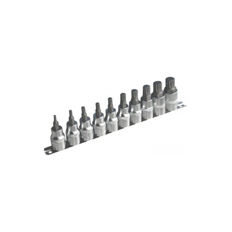 Juego de 10 Vasos Puntas XZN de 12 Puntas M4–M18 para Carraca 1/2” Cromo Vanadio con Rail