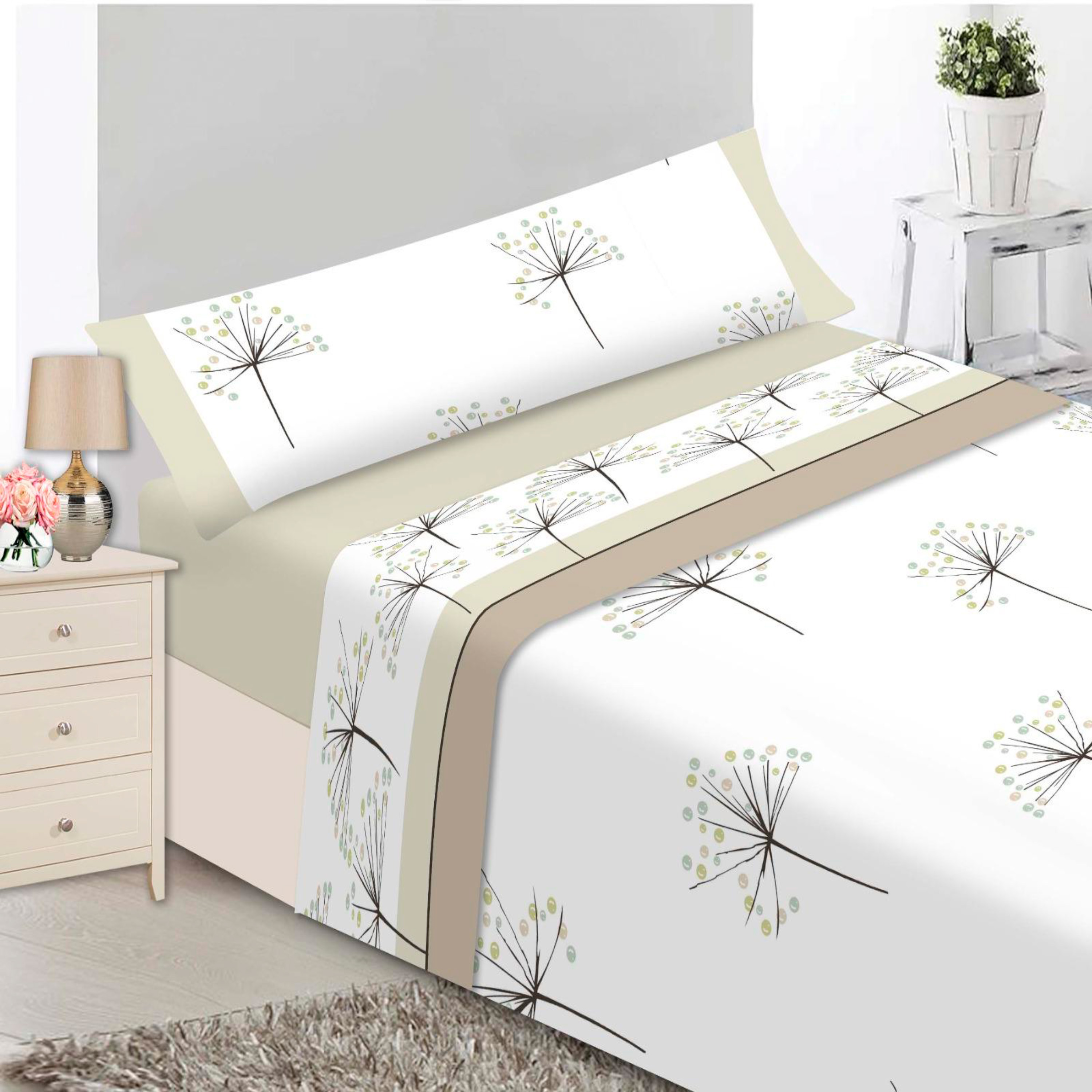 Vivid Torral - Juego de Sábanas Franela Modelo Flor Vivid Torral Invierno 200G/m2 100% Algodón Suave Térmicas Calidez 3 piezas Beige Verde Agua(encimera, bajera y funda de almohada) 90 - 105 - 135 - 150 cm