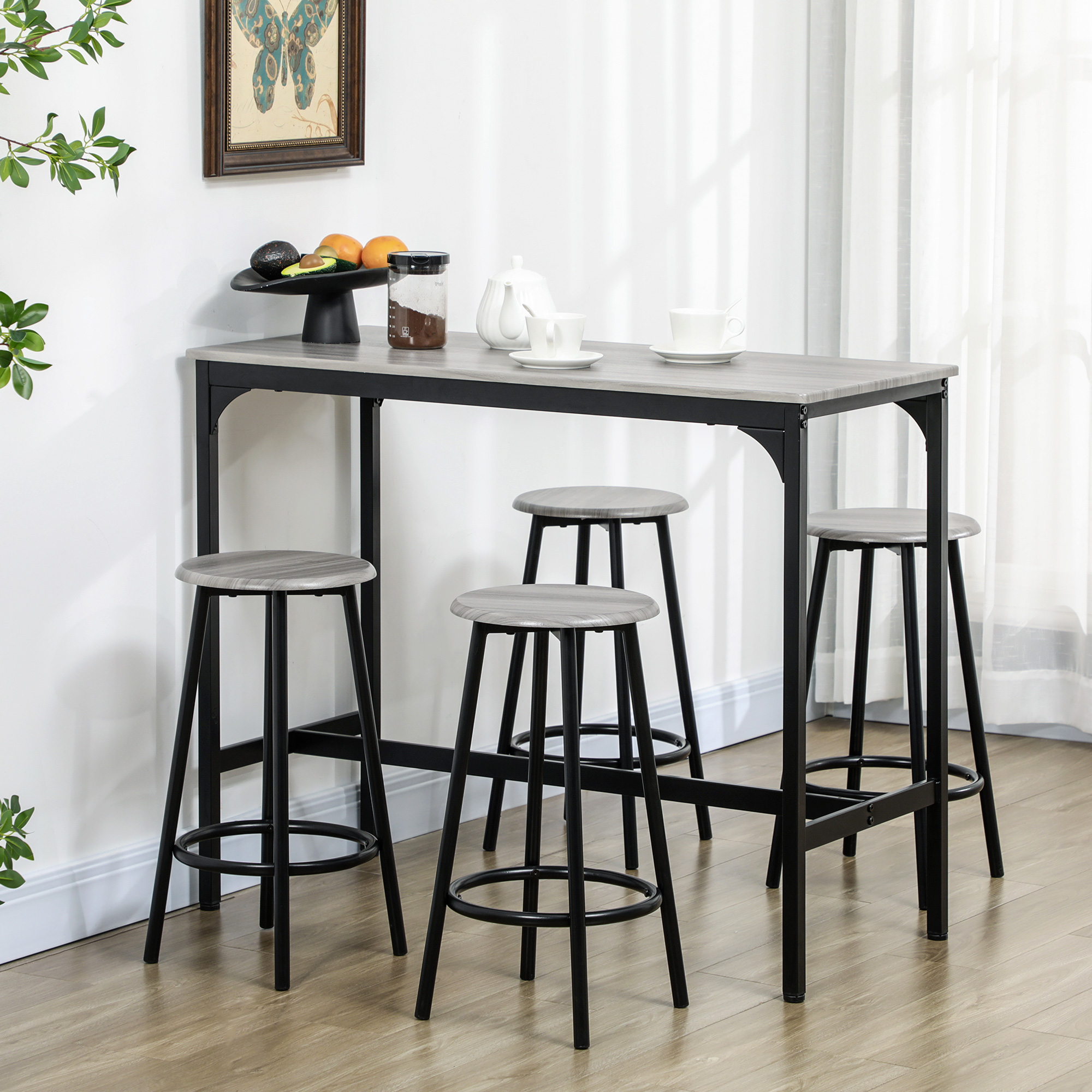 HOMCOM Juego de Muebles Altos Mesa y Sillas de Bar de 5 Piezas Mesa de Comedor Industrial y 4 Taburetes Redondos con Marco de Metal para Pub Comedor