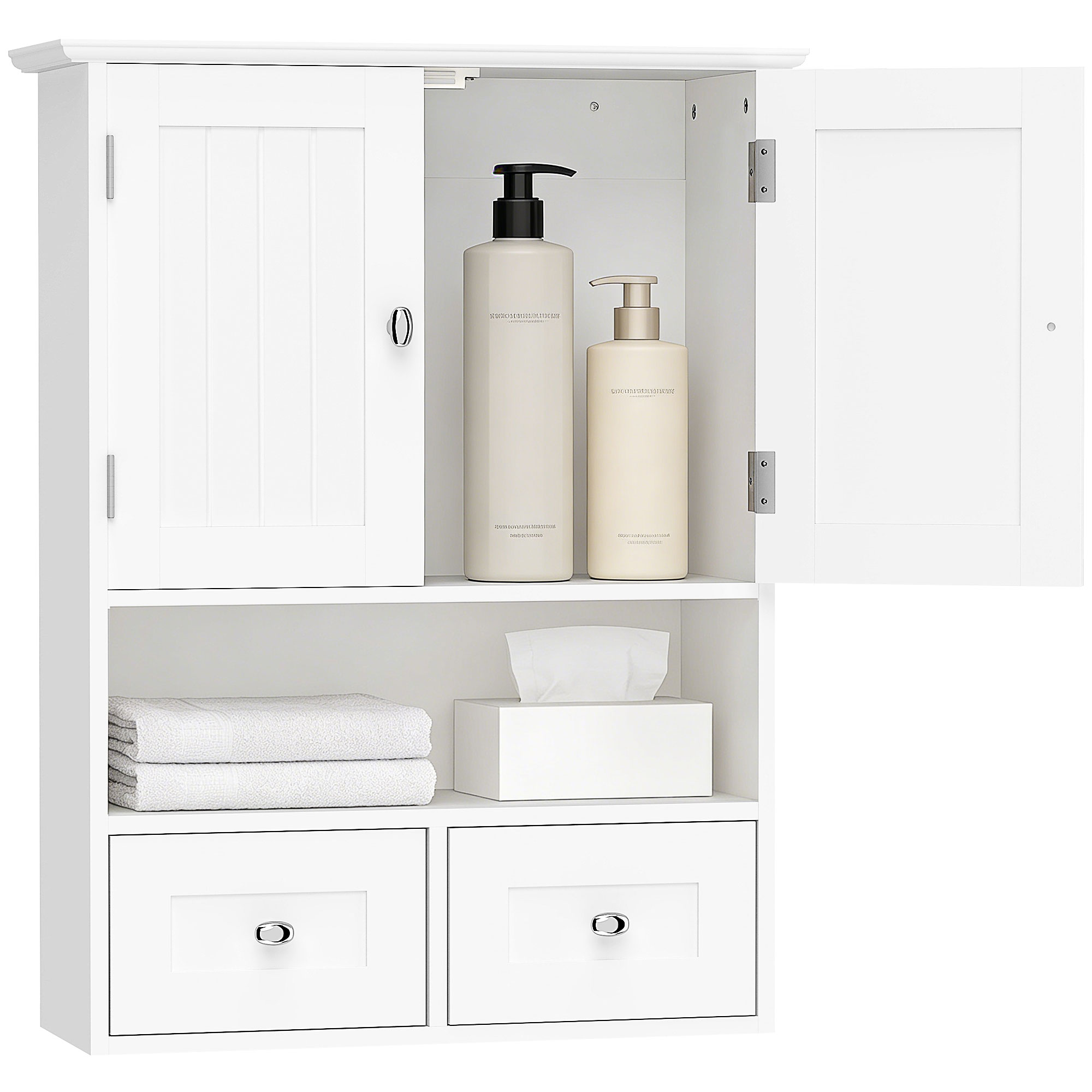 kleankin Armario de Baño de Pared, Armario Colgante, Mueble Suspendido de Baño, 2 Puertas con Cierre Magnético, 2 Cajones y Estante Abierto, para Cocina, Lavadero, 50,8x17,8x66 cm, Blanco